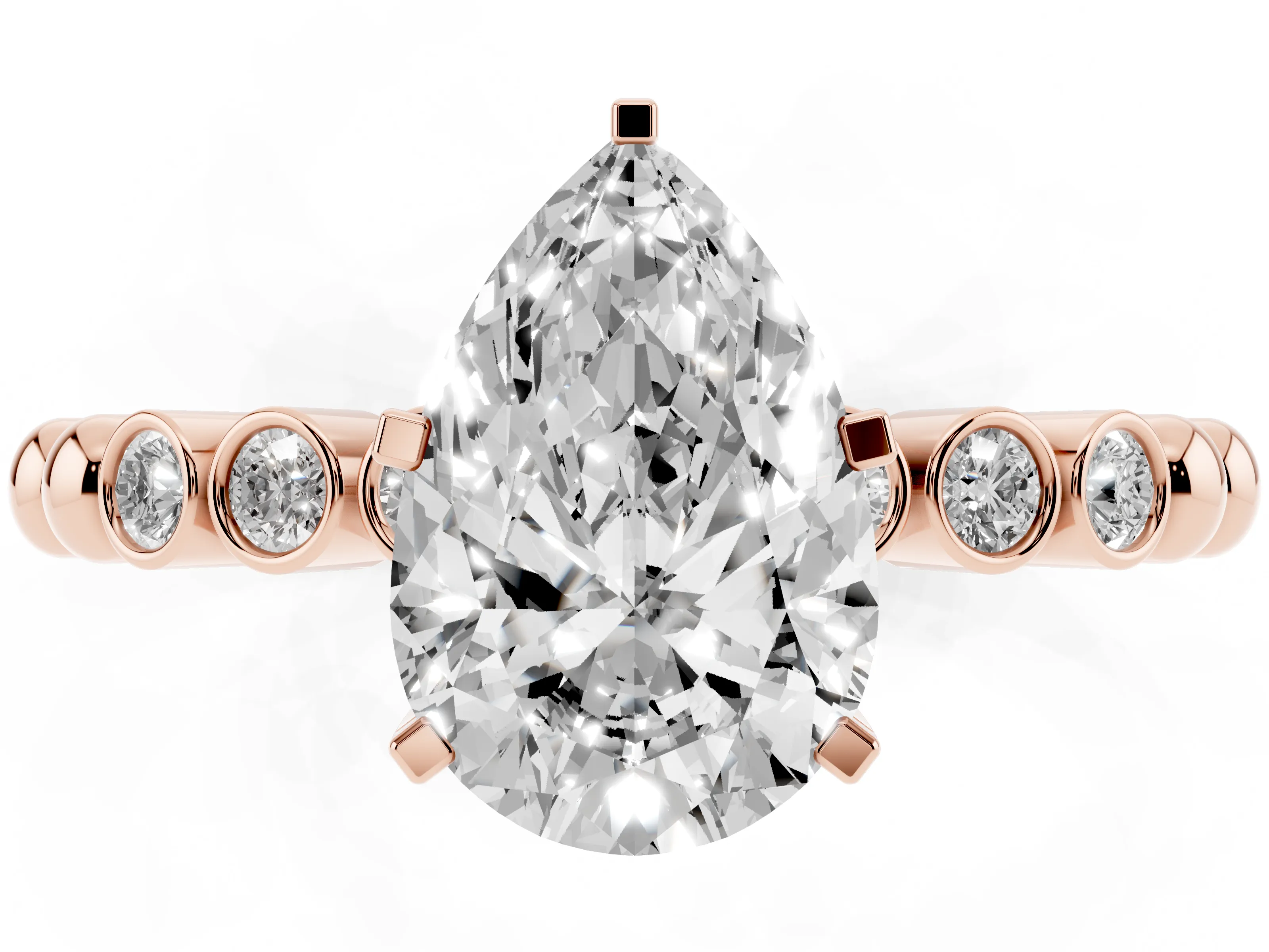 Pear Cut Diamond Solitaire Engagement Ring Set in Rose gold with Bezel Accents on Beaded Band