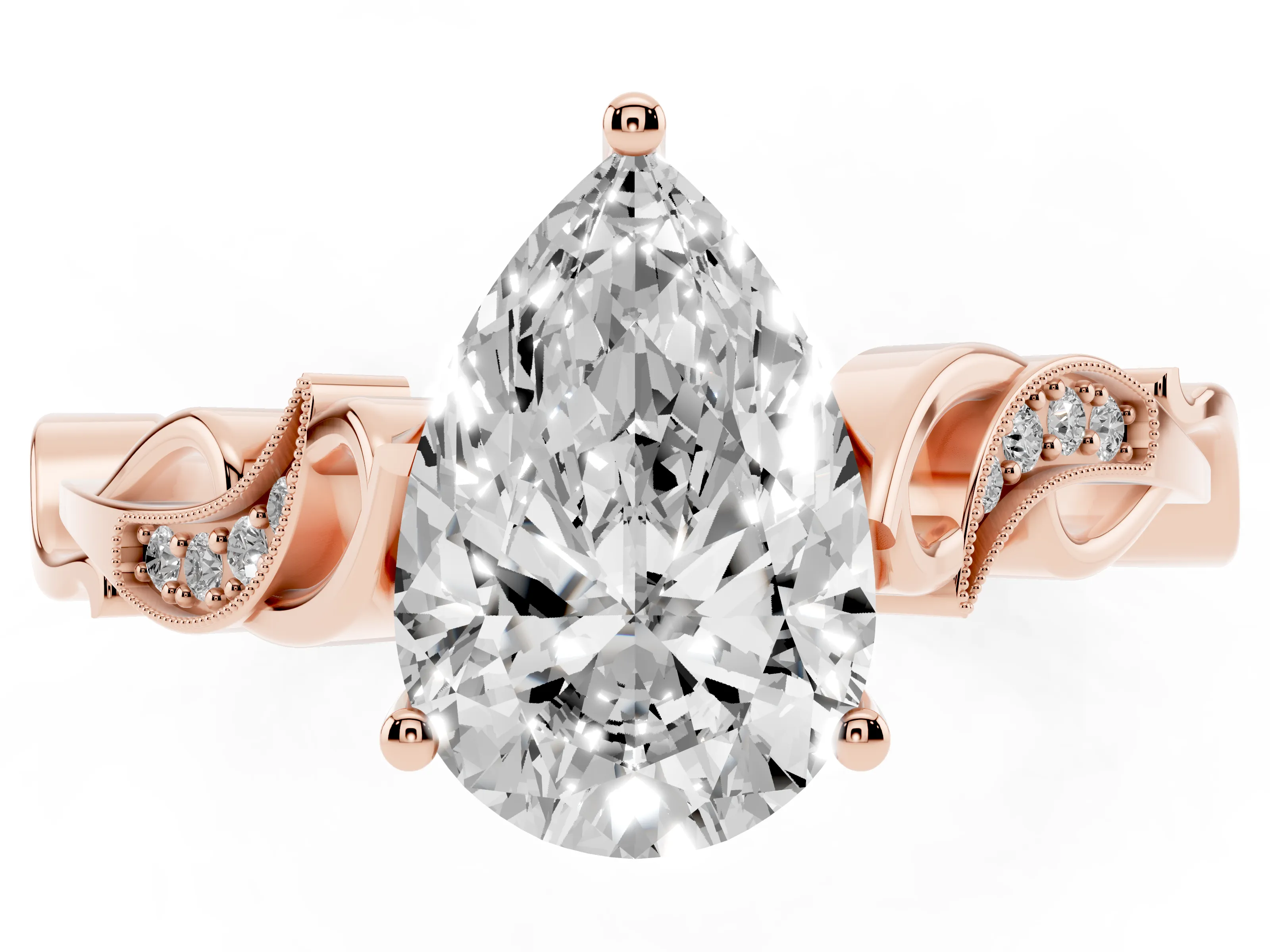 Pear Cut Diamond Vine Band Solitaire Ring Set in Rose gold with Milgrain Prong Setting
