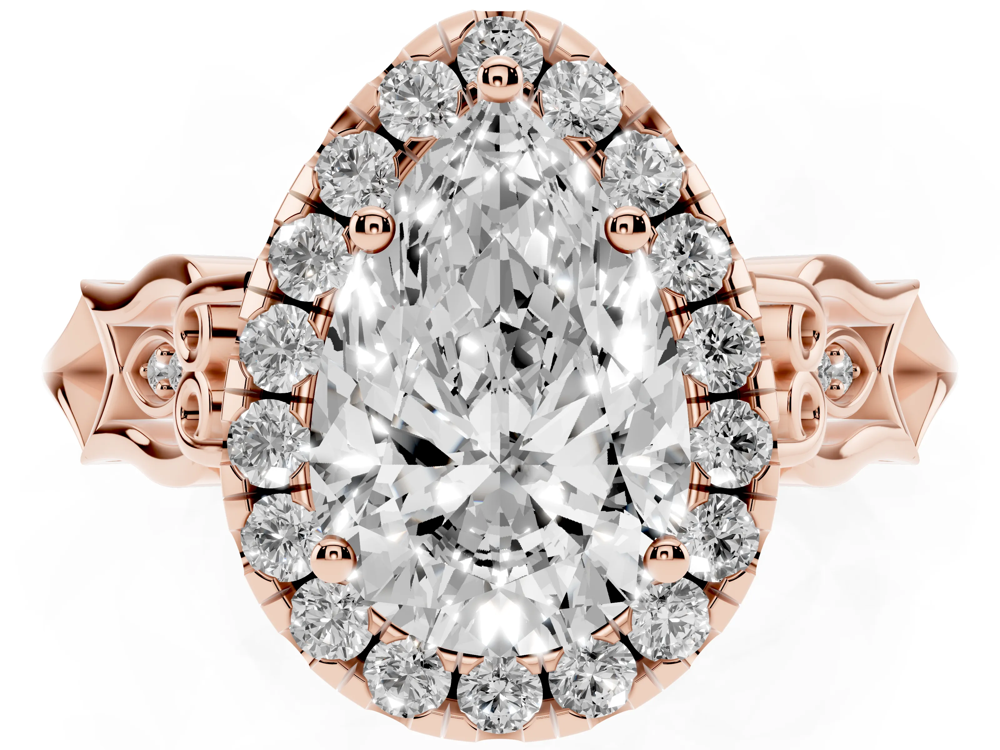 Pear Cut Diamond Halo Engagement Ring Set in Rose gold with Filigree Band and Prong-Set Center
