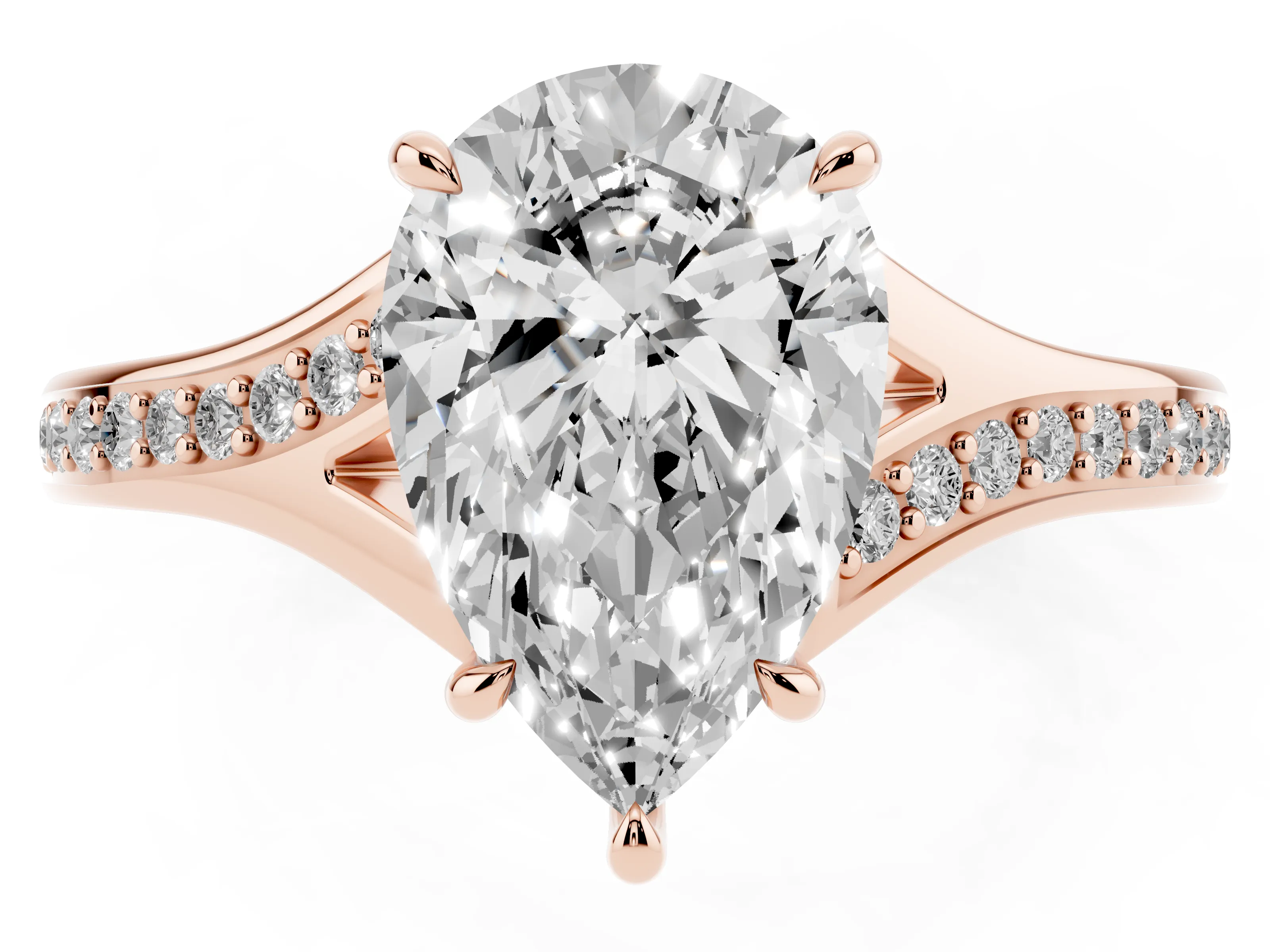 Pear Cut Diamond Solitaire Ring Set in Rose gold with Pavé Accent Band and Classic Prong Setting