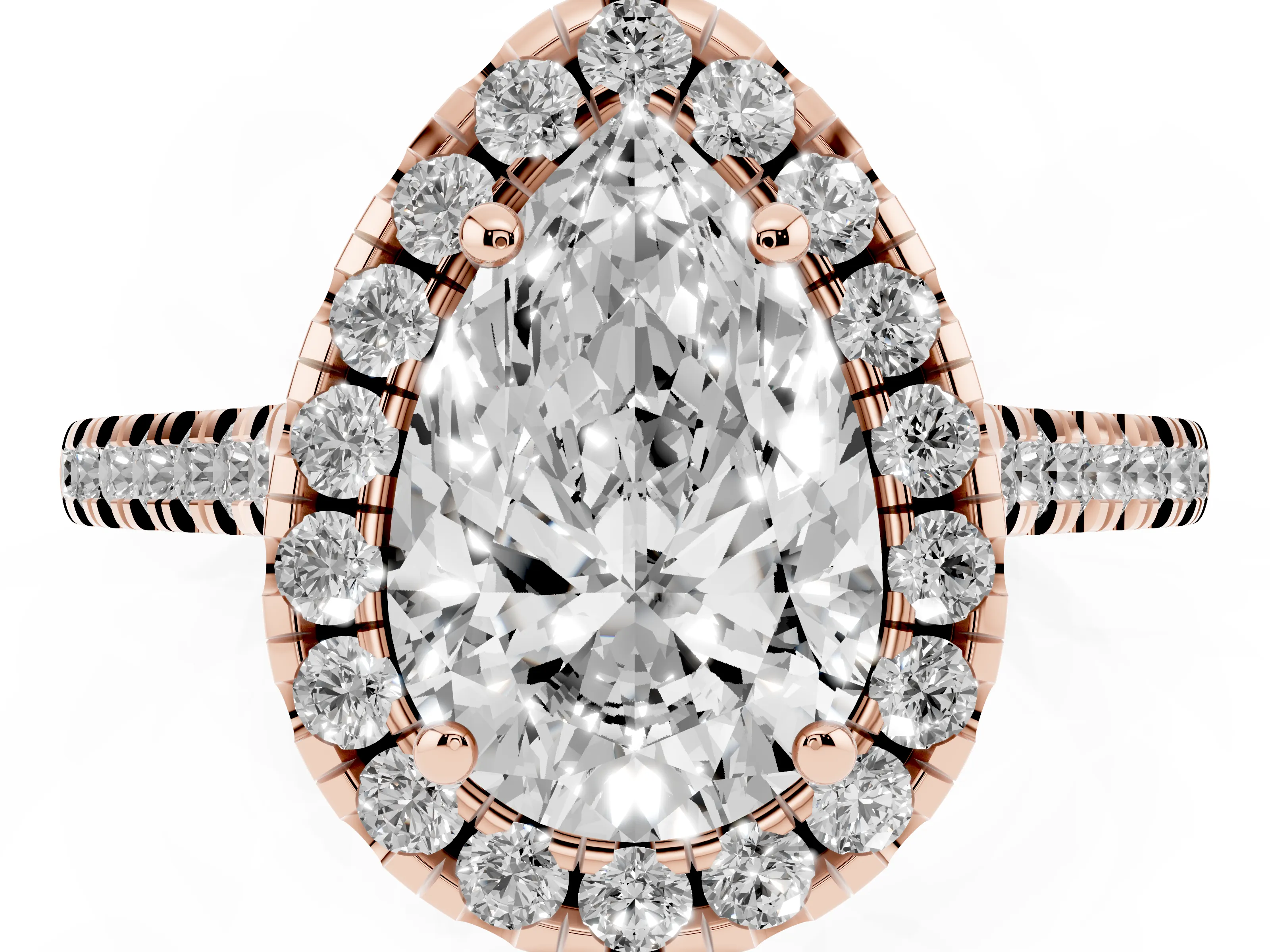 Pear Cut Diamond Cushion Halo Ring Set in Rose gold with Pavé Band