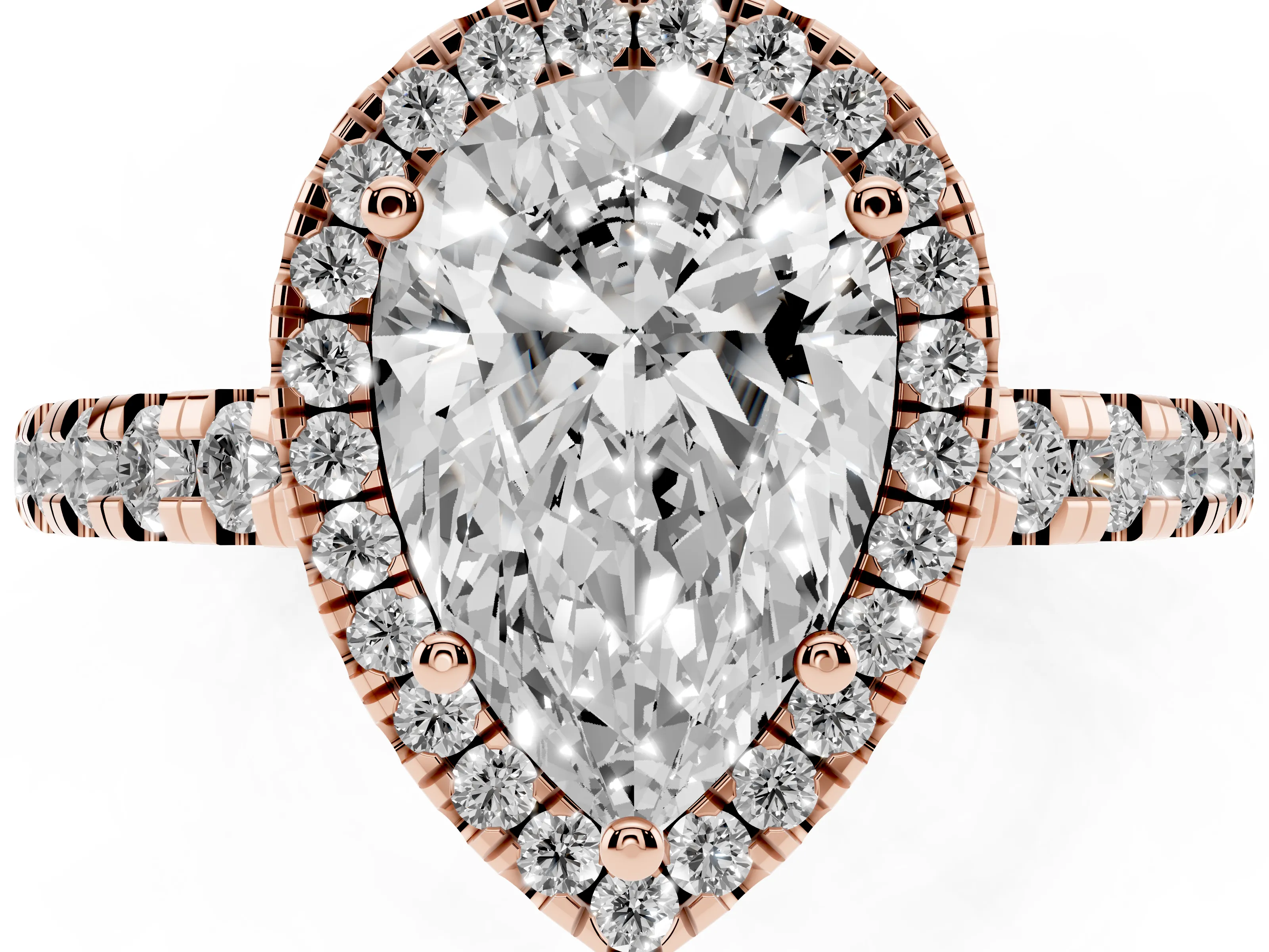 Pear Cut Diamond Halo Ring Set in Rose gold with Delicate Pavé Band and Prong Setting