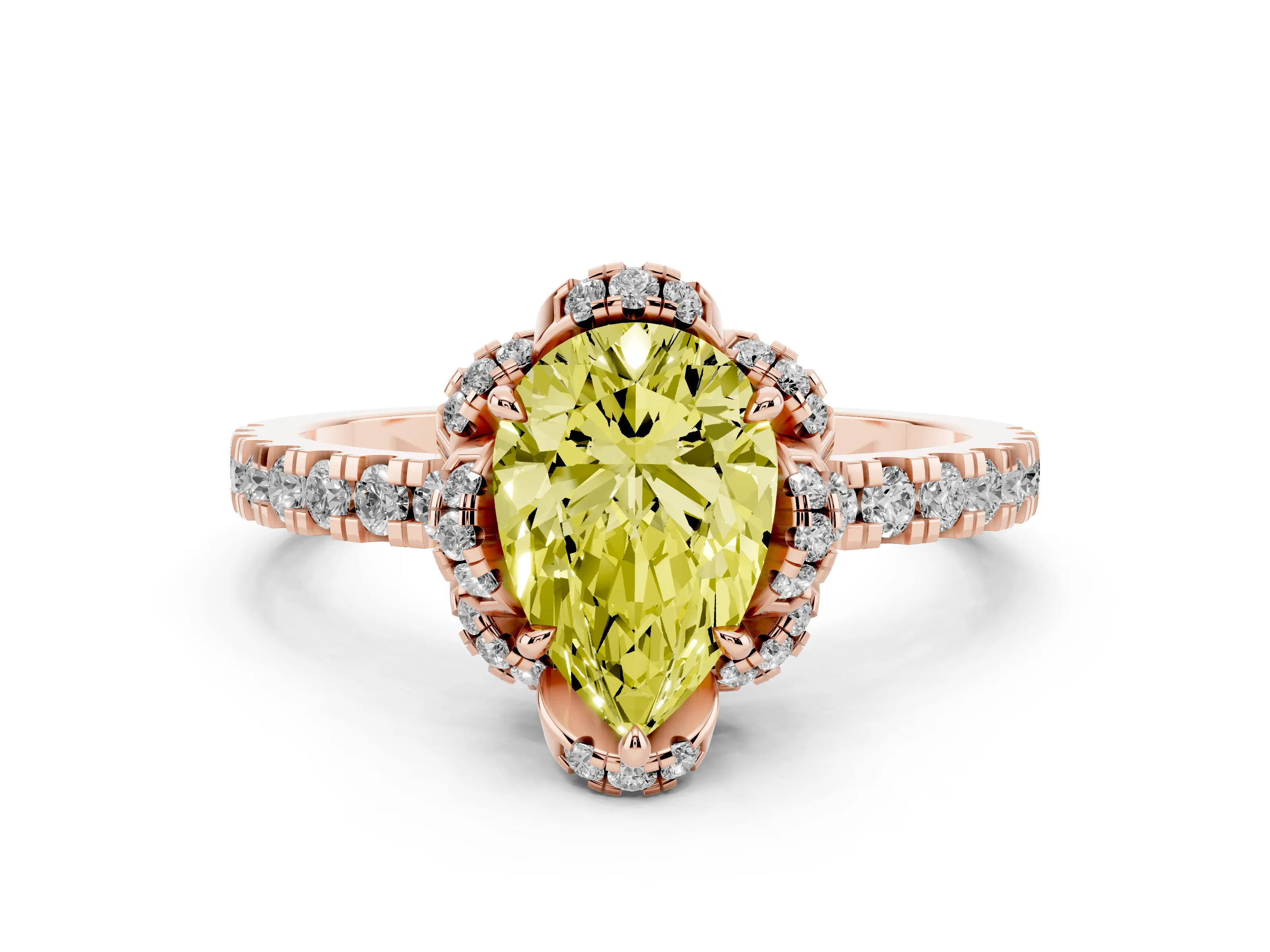 Fancy Yellow Pear Cut Diamond Halo Pavé Band Ring Set in Rose gold with Prong-Held Center