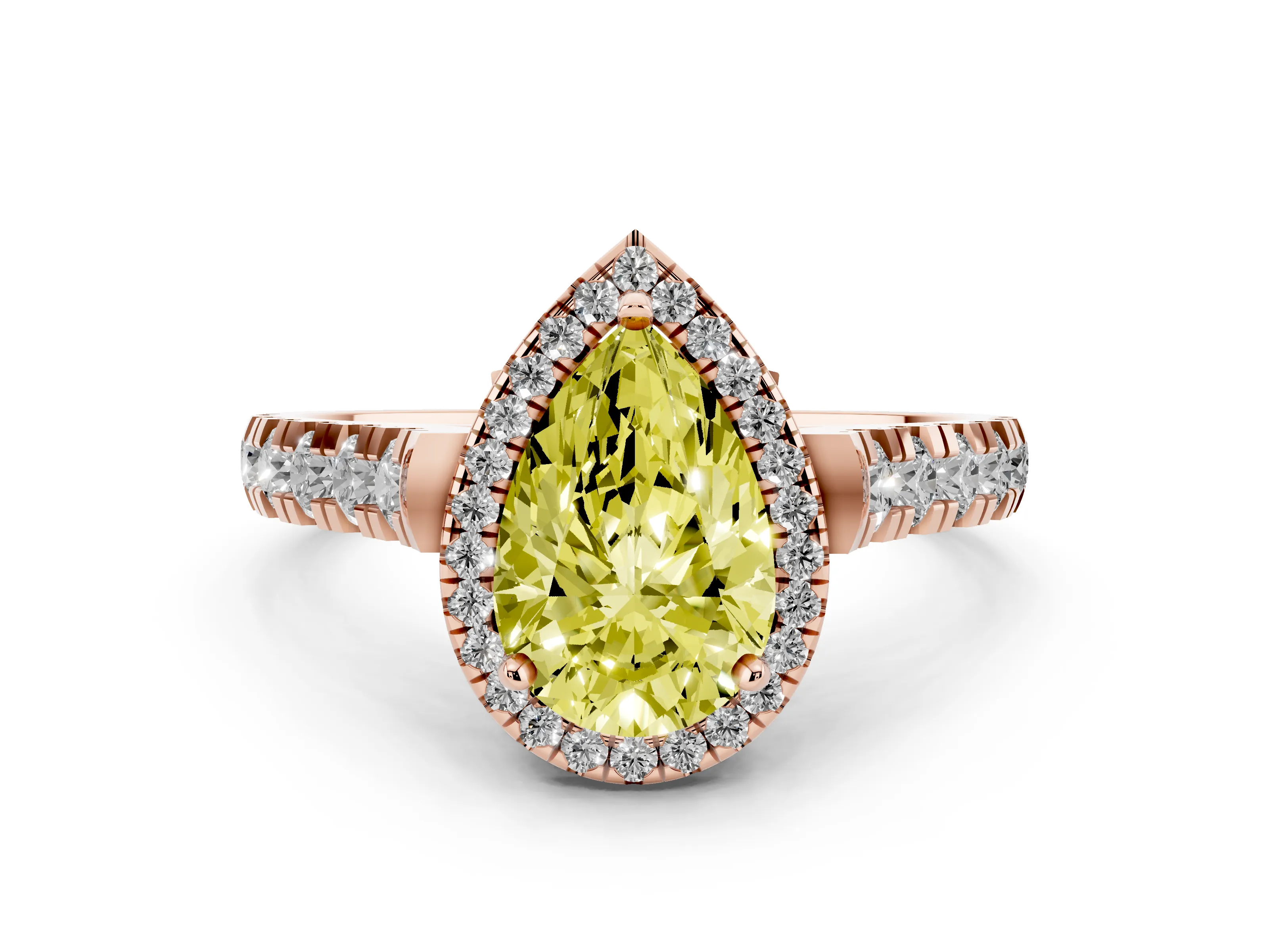 Fancy Yellow Pear Cut Diamond Halo Engagement Ring Set in Rose gold with Pavé Band and Prong-Set Center