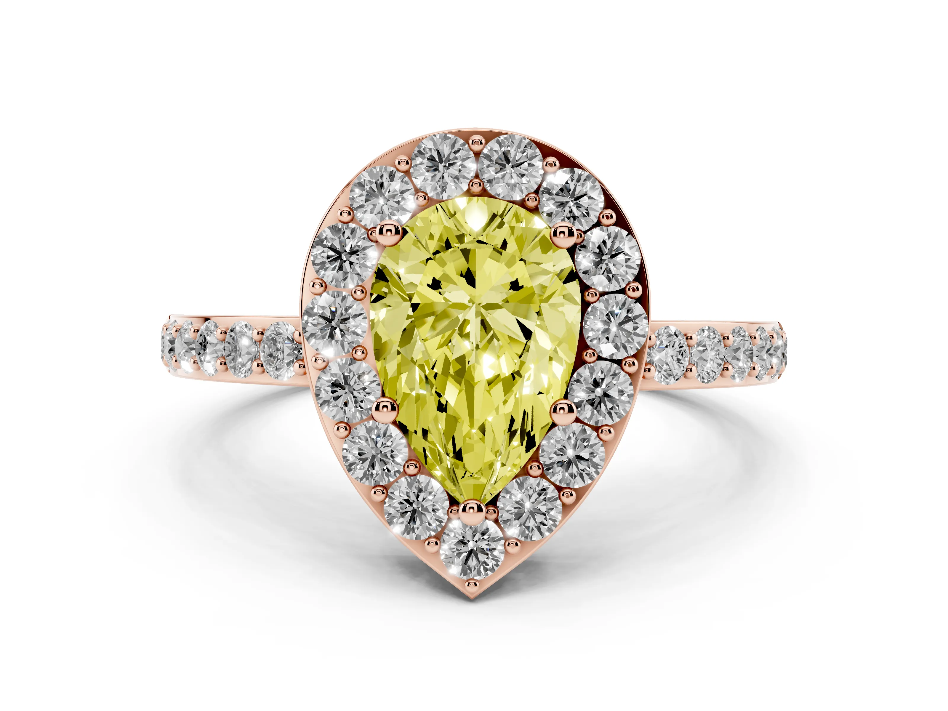 Fancy Yellow Pear Cut Diamond Halo Ring Set in Rose gold with Pavé-Setting Band and Open Prong Center