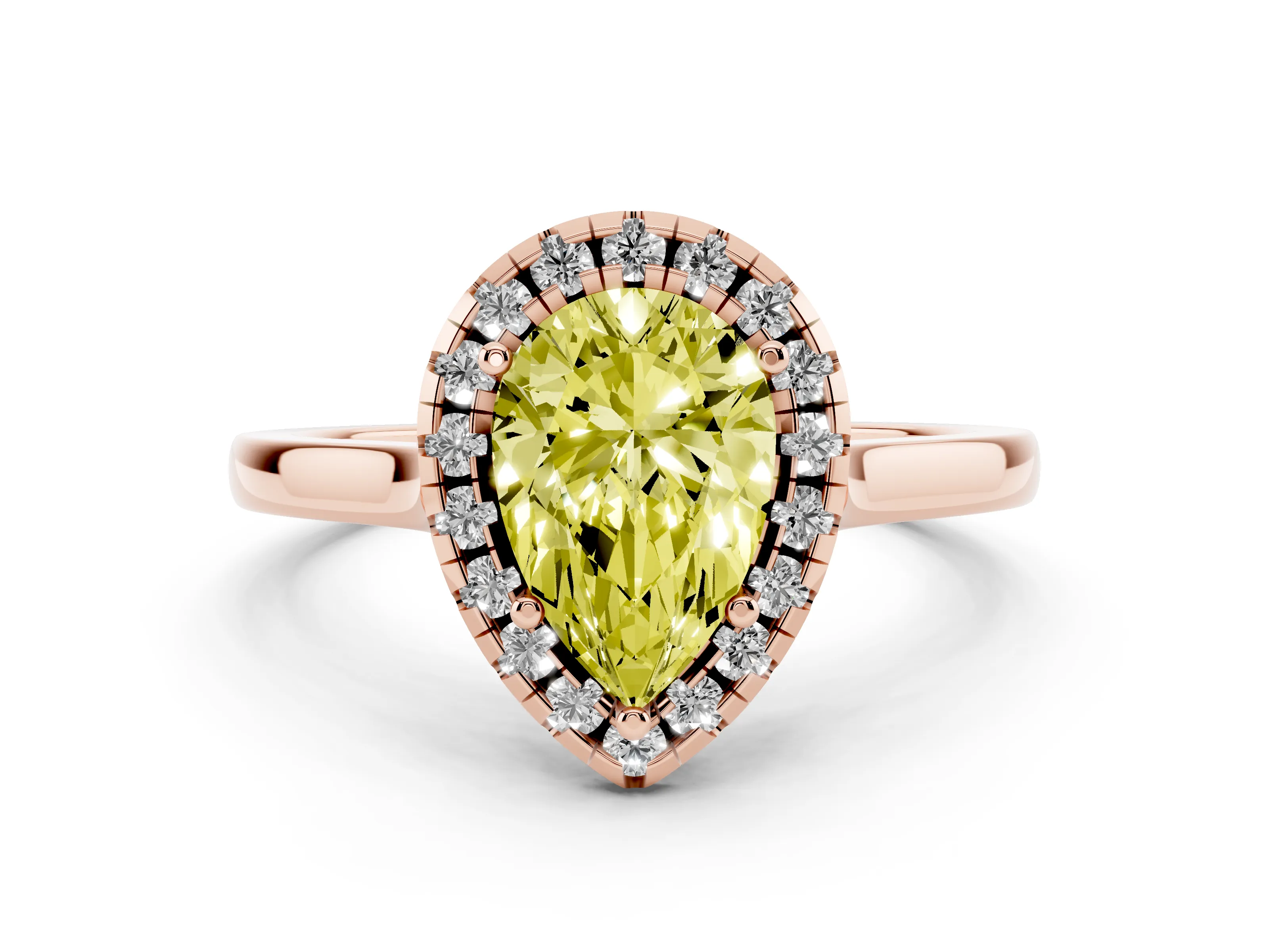 Fancy Yellow Pear Cut Halo Round Diamond Solitaire Ring Set in Rose gold with Pavé Band and Prong Setting