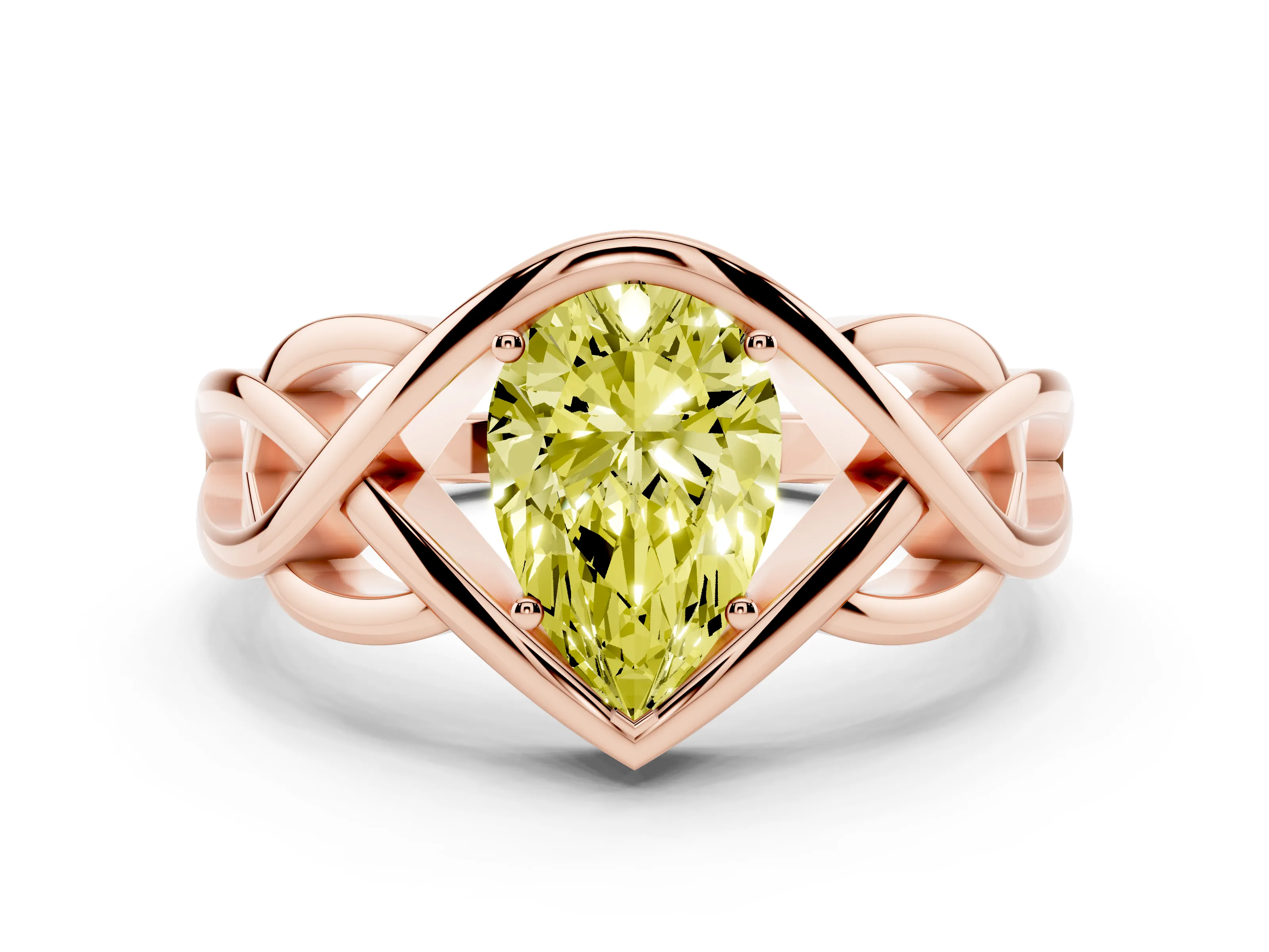 Fancy Yellow Pear Cut Diamond Solitaire Ring Set in Rose gold with Intertwined Band