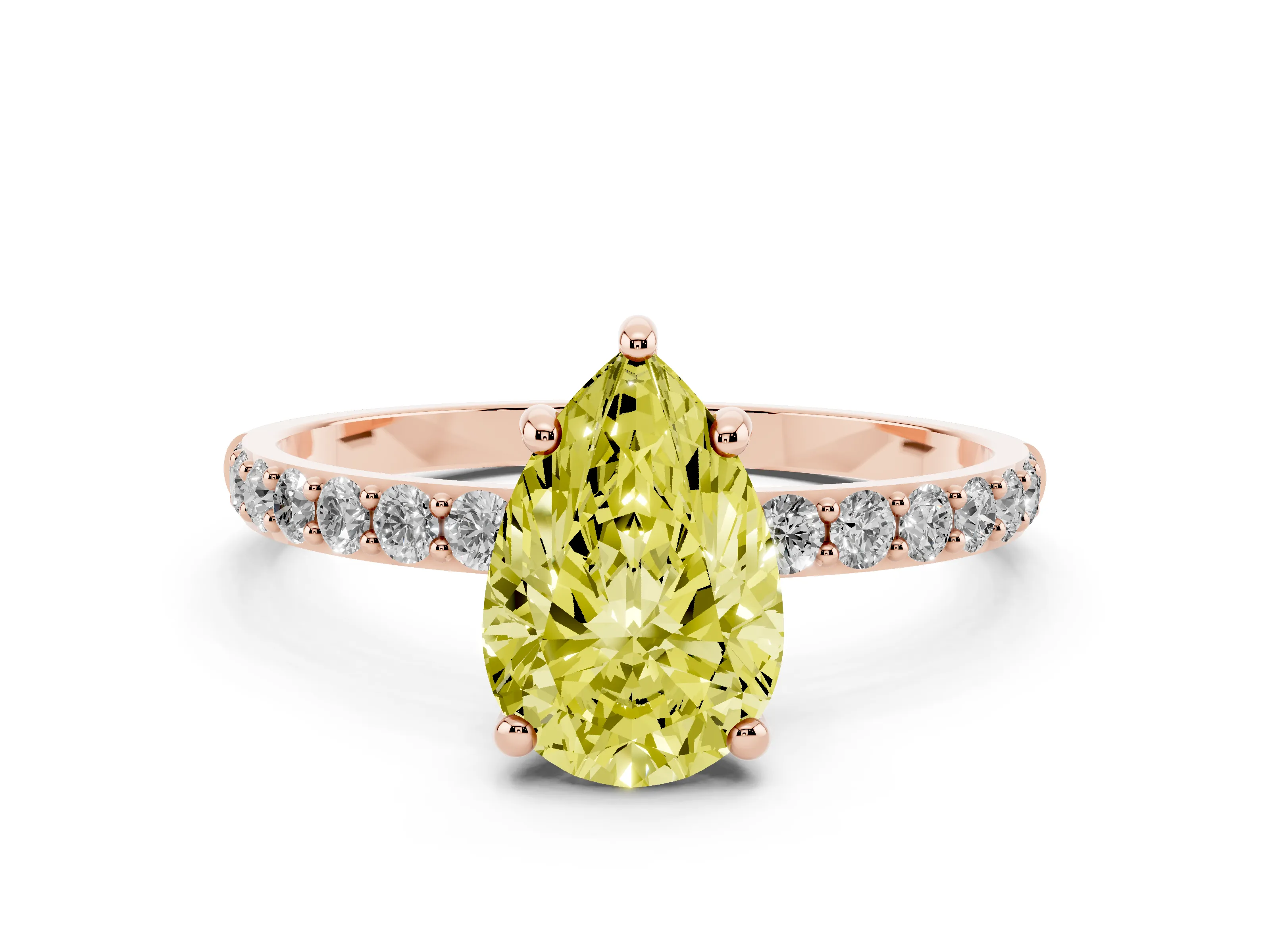 Fancy Yellow Pear Cut Diamond Solitaire Ring Set in Rose gold with Round Pavé Band and Prong Setting