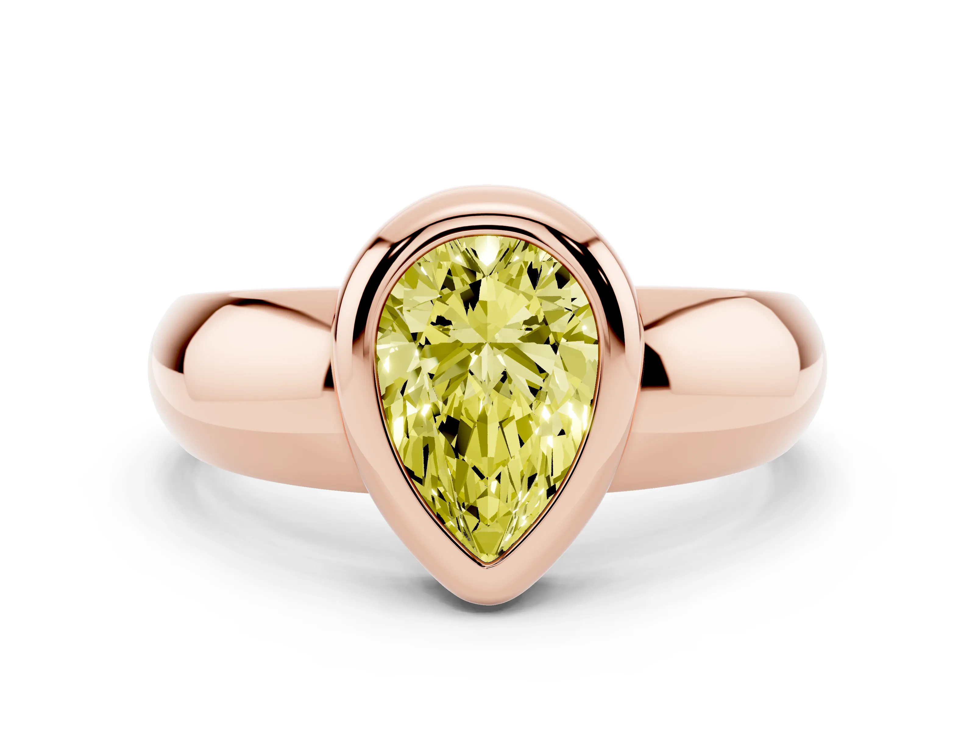 Fancy Yellow Bezel Set Pear Cut Diamond Solitaire Ring Set in Rose gold with Wide Band