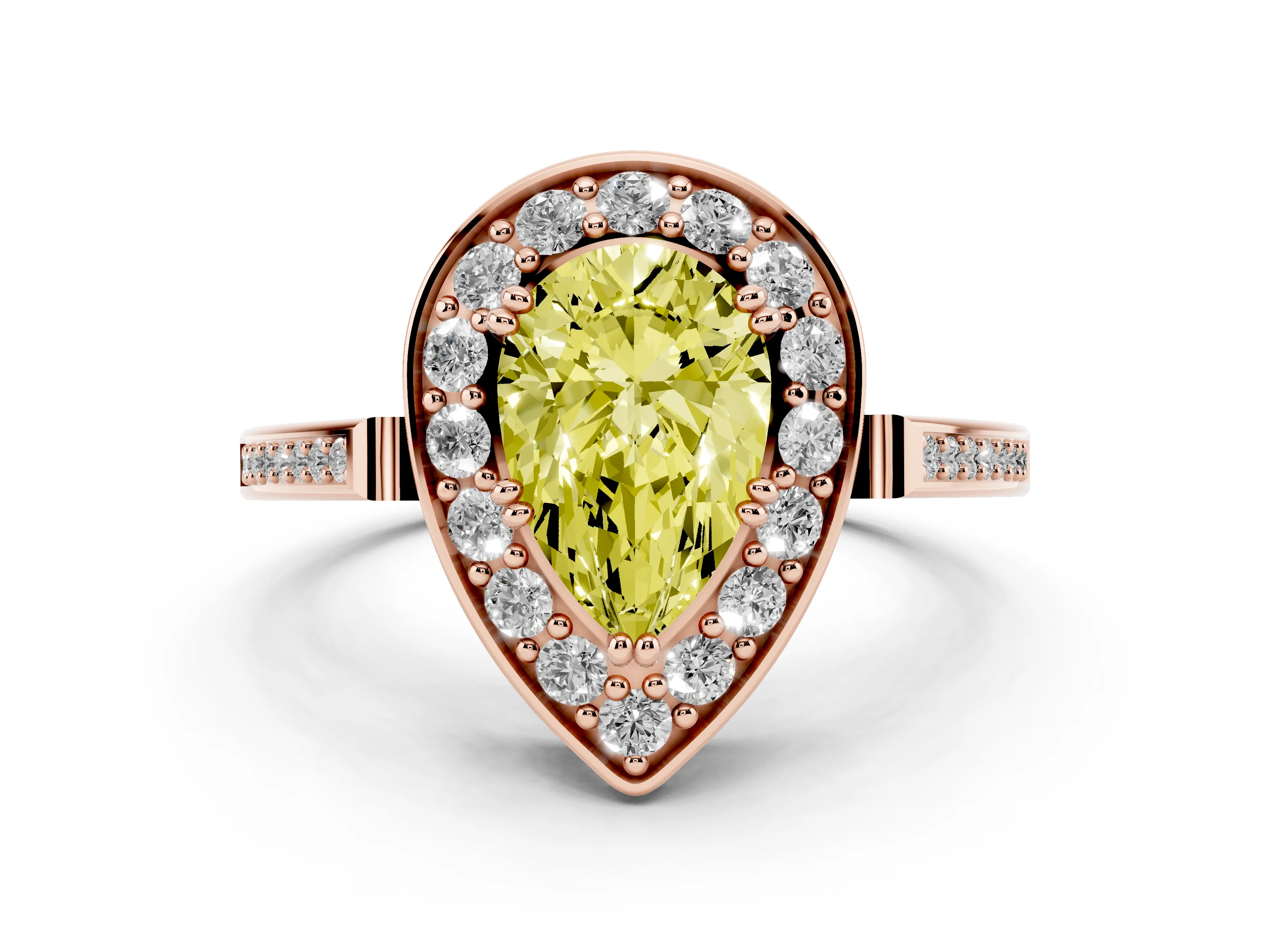 Fancy Yellow Pear Cut Diamond Halo Ring Set in Rose gold with Accent-Lined Split Shank and Prong Setting