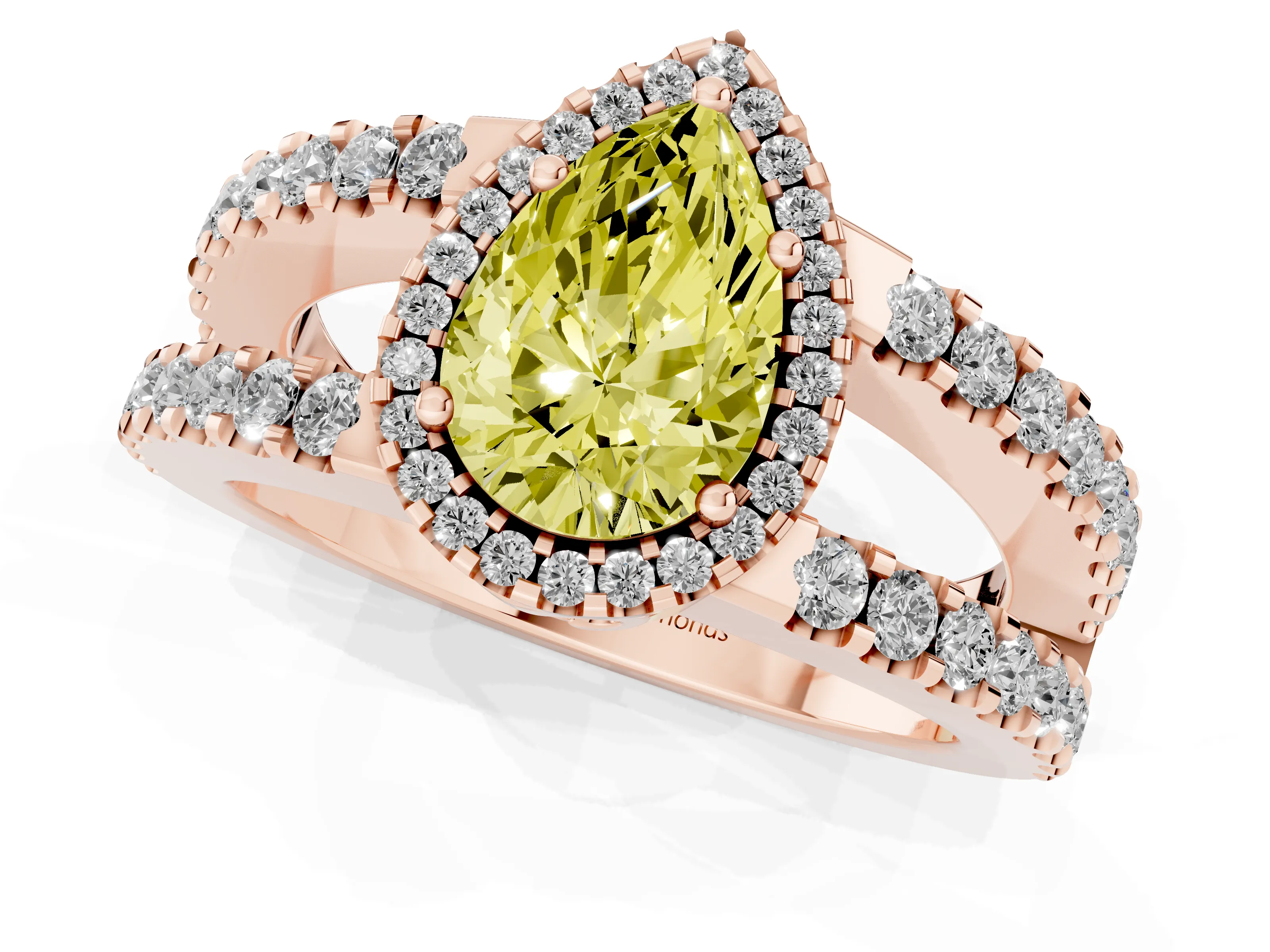 Fancy Yellow Pear Cut Diamond Halo Ring Set in Rose gold with Pavé Split Shank and Prong Setting