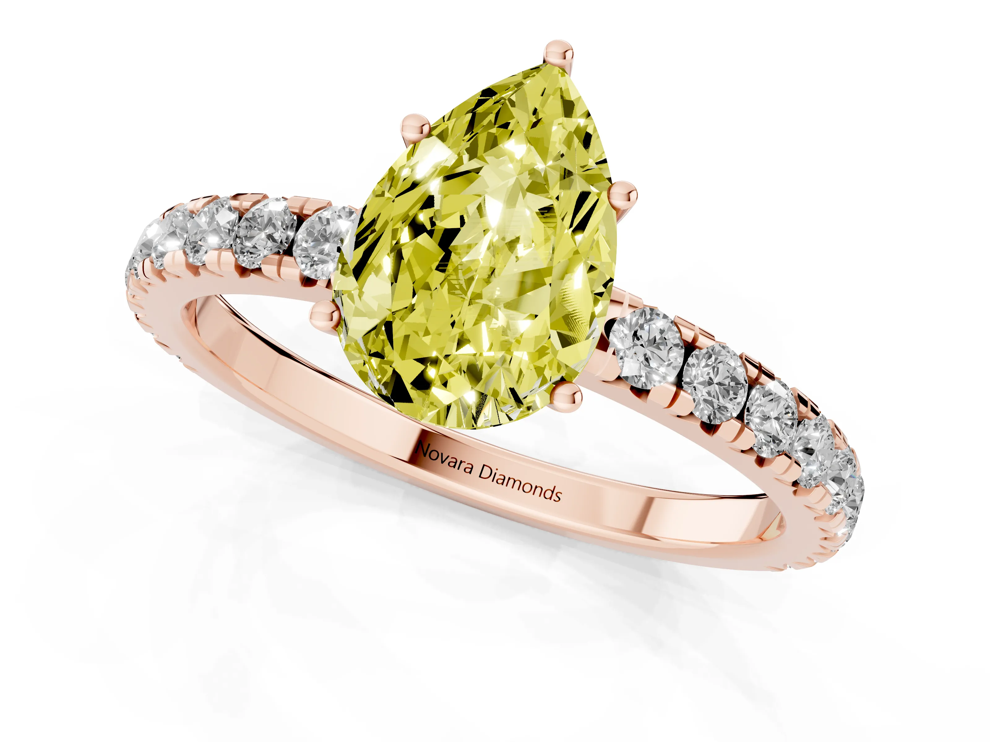 Fancy Yellow Pear Cut Diamond Pavé Solitaire Engagement Ring Set in Rose gold with Prong Setting
