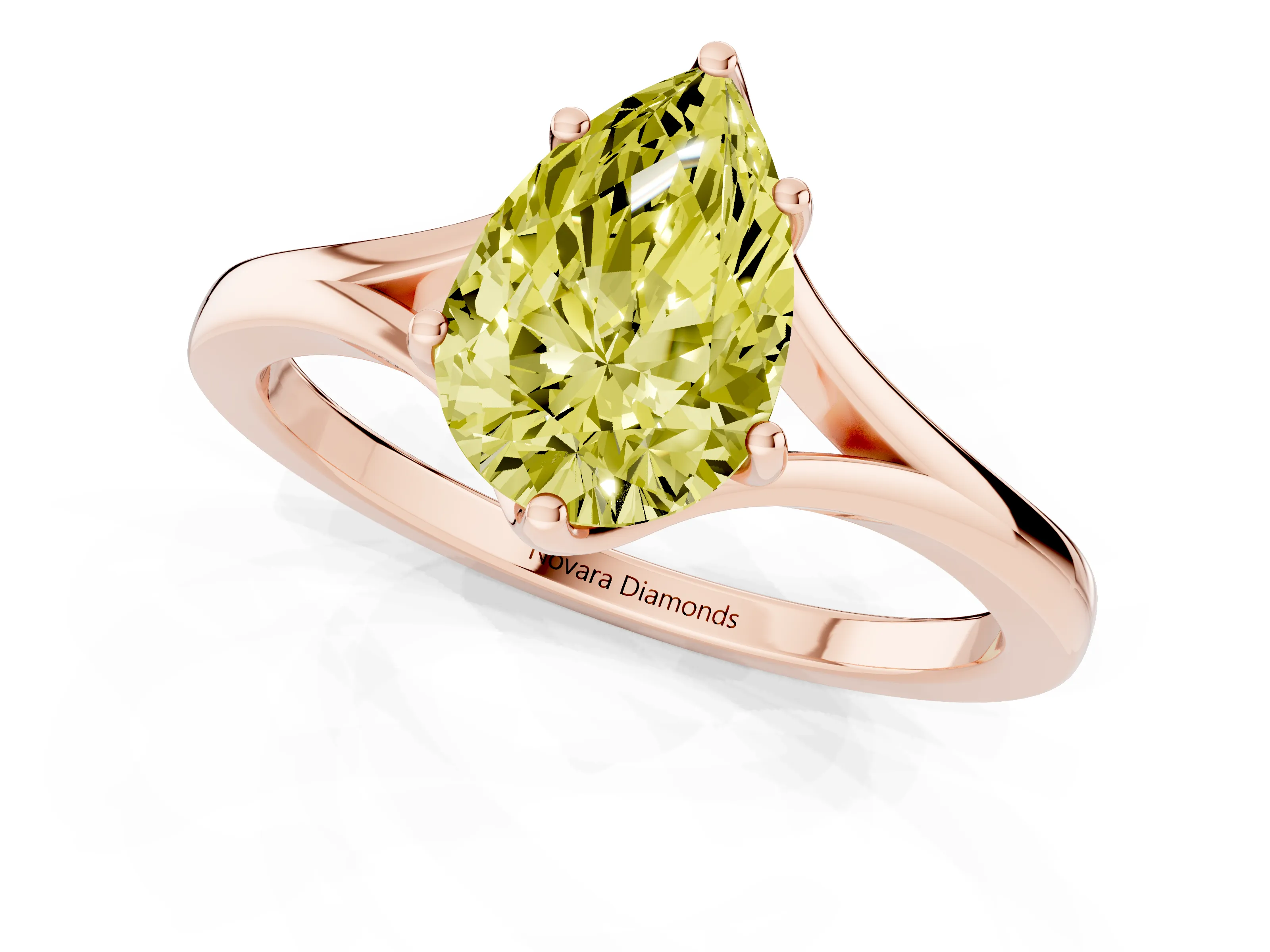 Fancy Yellow Pear Cut Diamond Solitaire Ring Set in Rose gold with Polished Tapered Band and Prong Setting