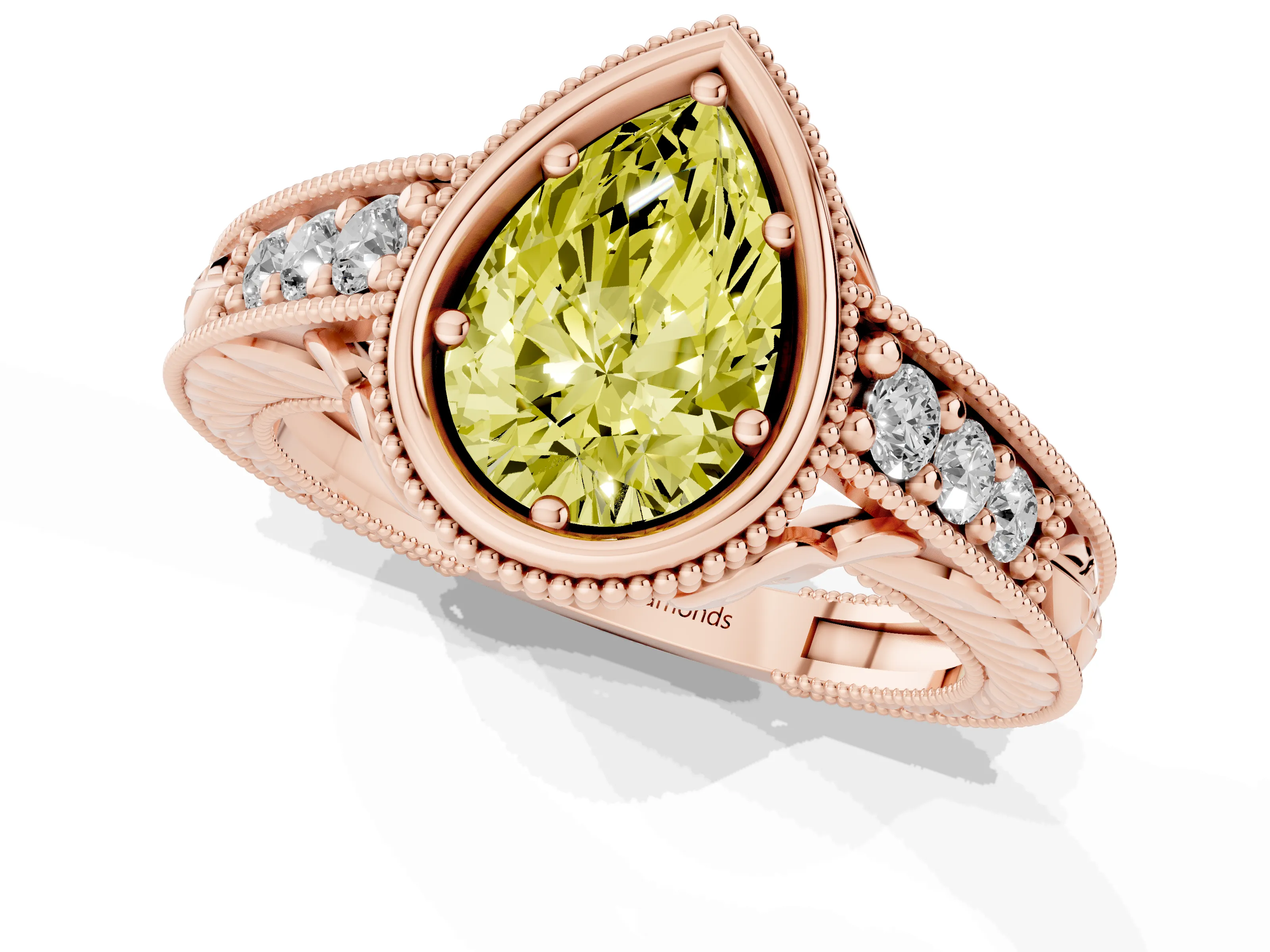 Fancy Yellow Bezel Set Pear Cut Diamond Milgrain Pavé Engagement Ring Set in Rose gold