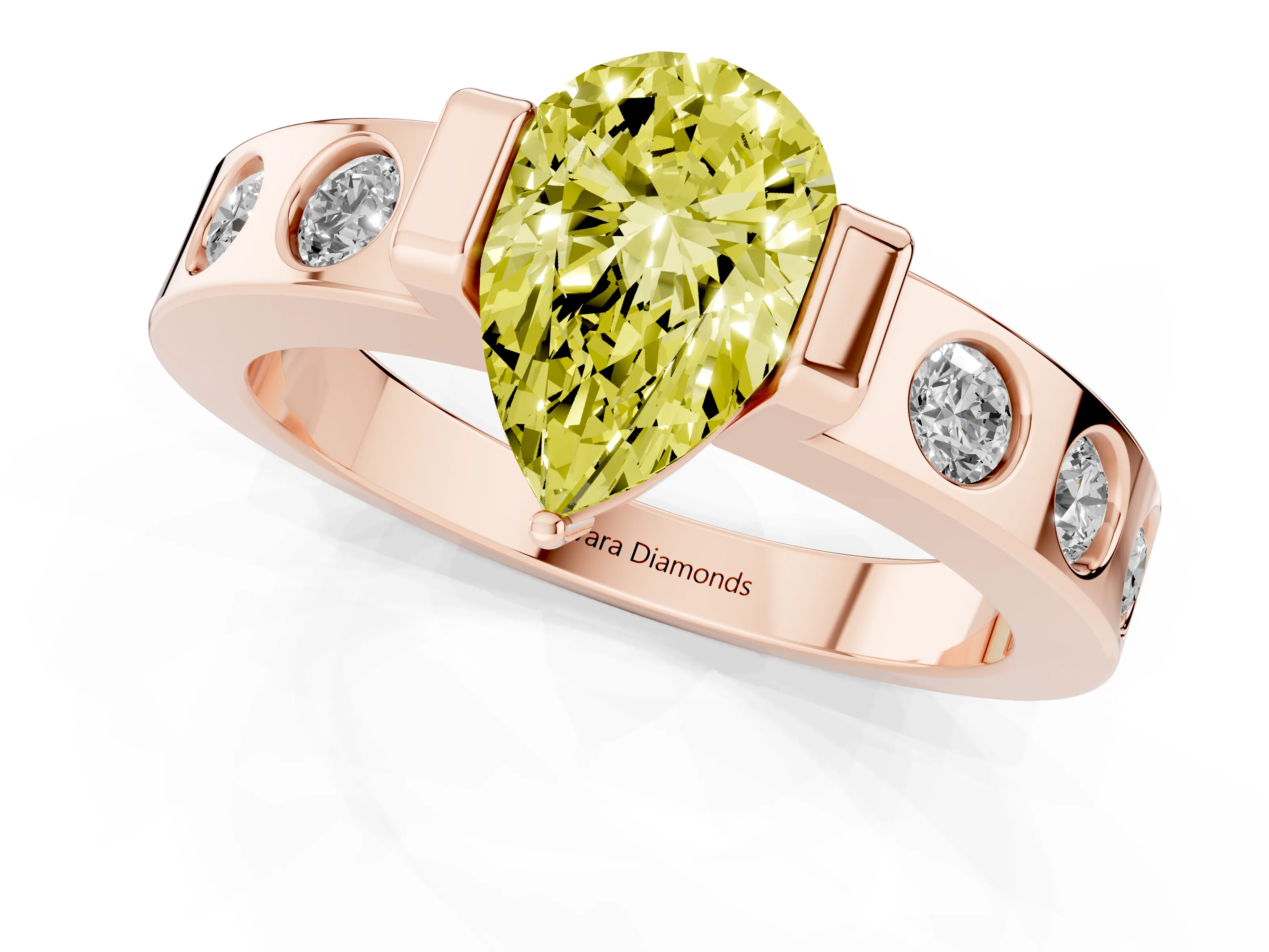 Fancy Yellow Pear Cut Diamond Channel-Set Band Ring Set in Rose gold with Bezel Prong Setting