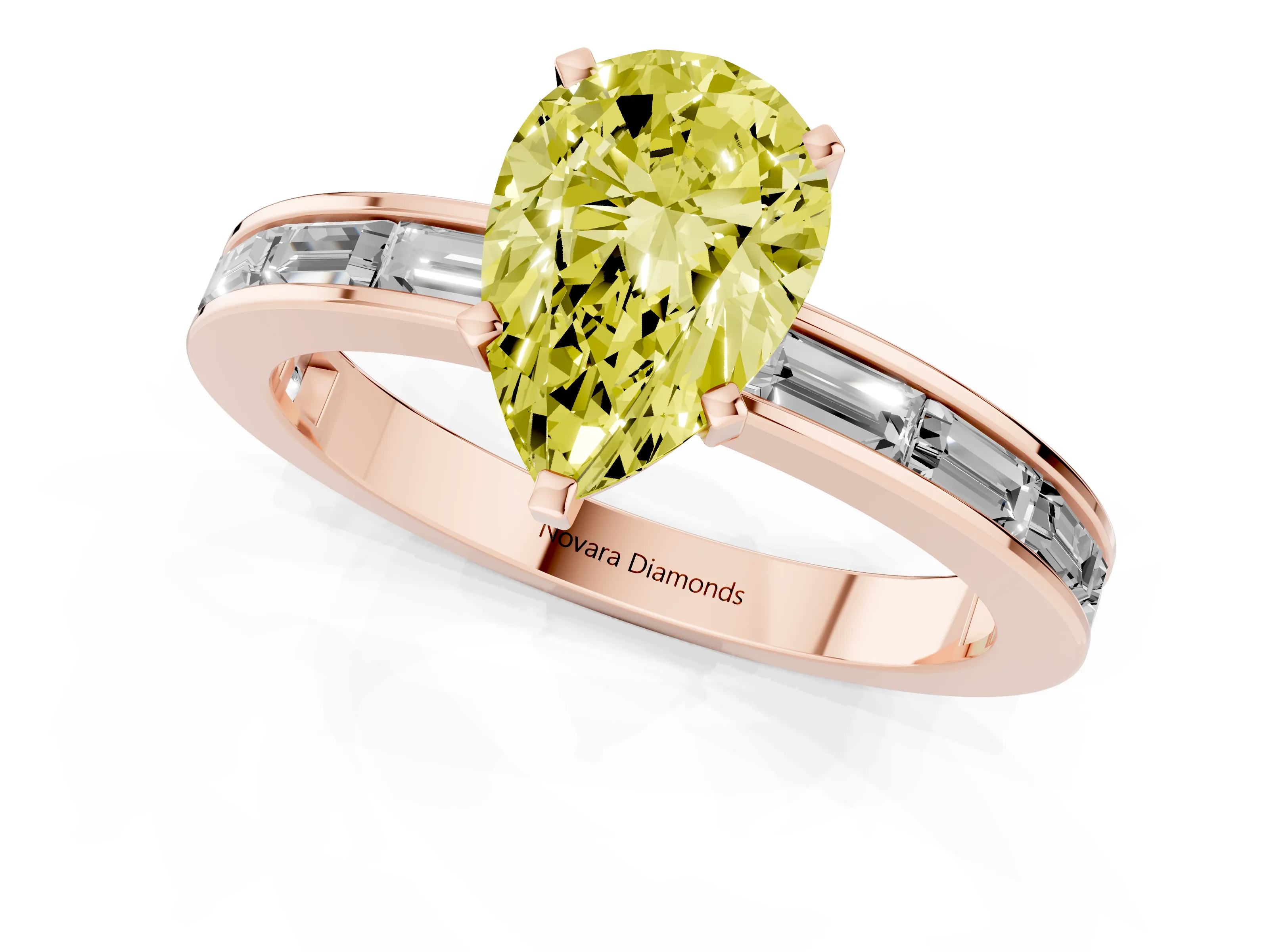 Fancy Yellow Pear Cut Diamond Solitaire Ring Set in Rose gold with Channel-Set Baguette Band and Prong Setting