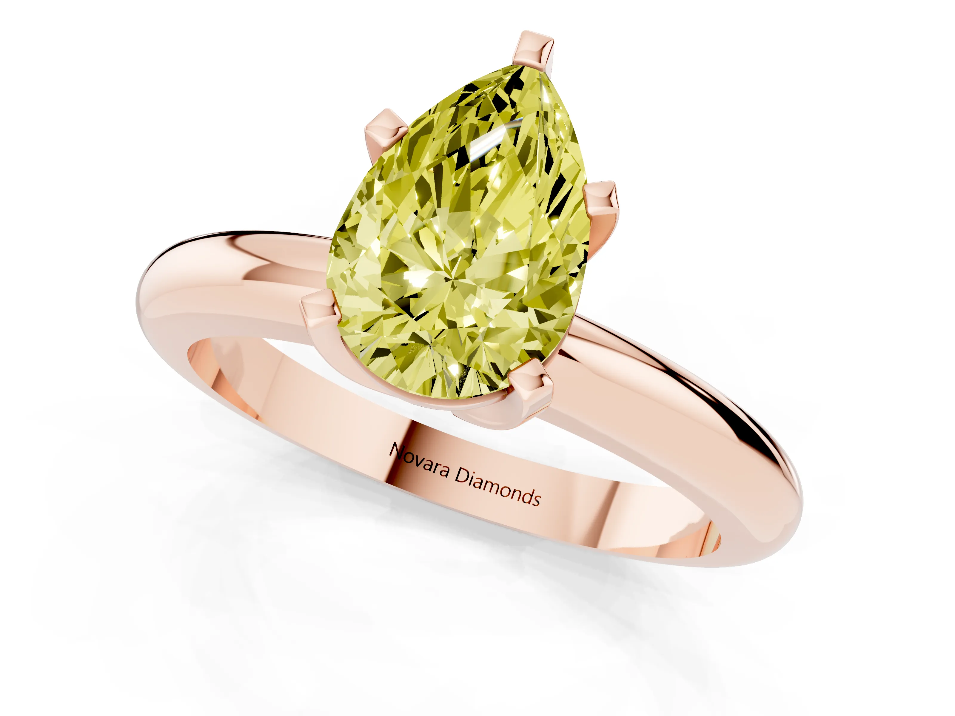 Fancy Yellow Pear Cut Diamond Solitaire Engagement Ring Set in Rose gold with Round Band and Prong Setting