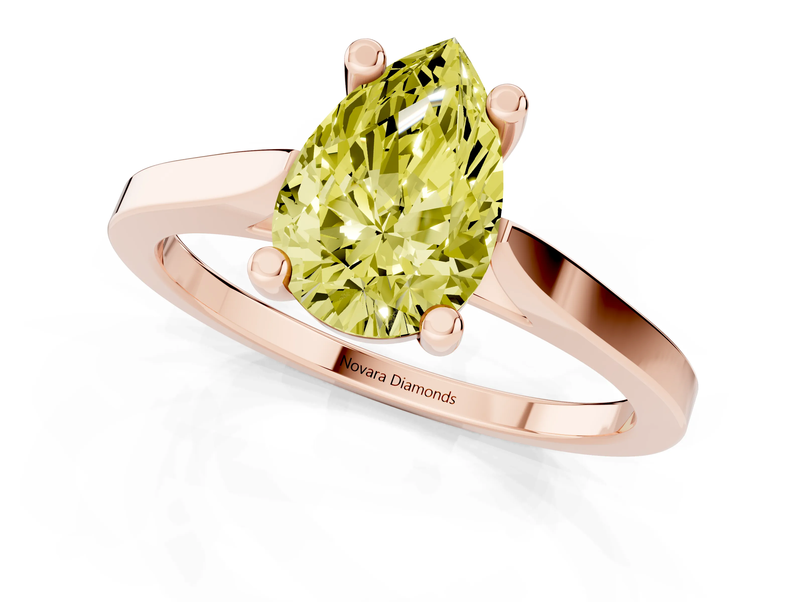Fancy Yellow Pear Cut Diamond Solitaire Ring Set in Rose gold with Prong Setting and Tapered Band