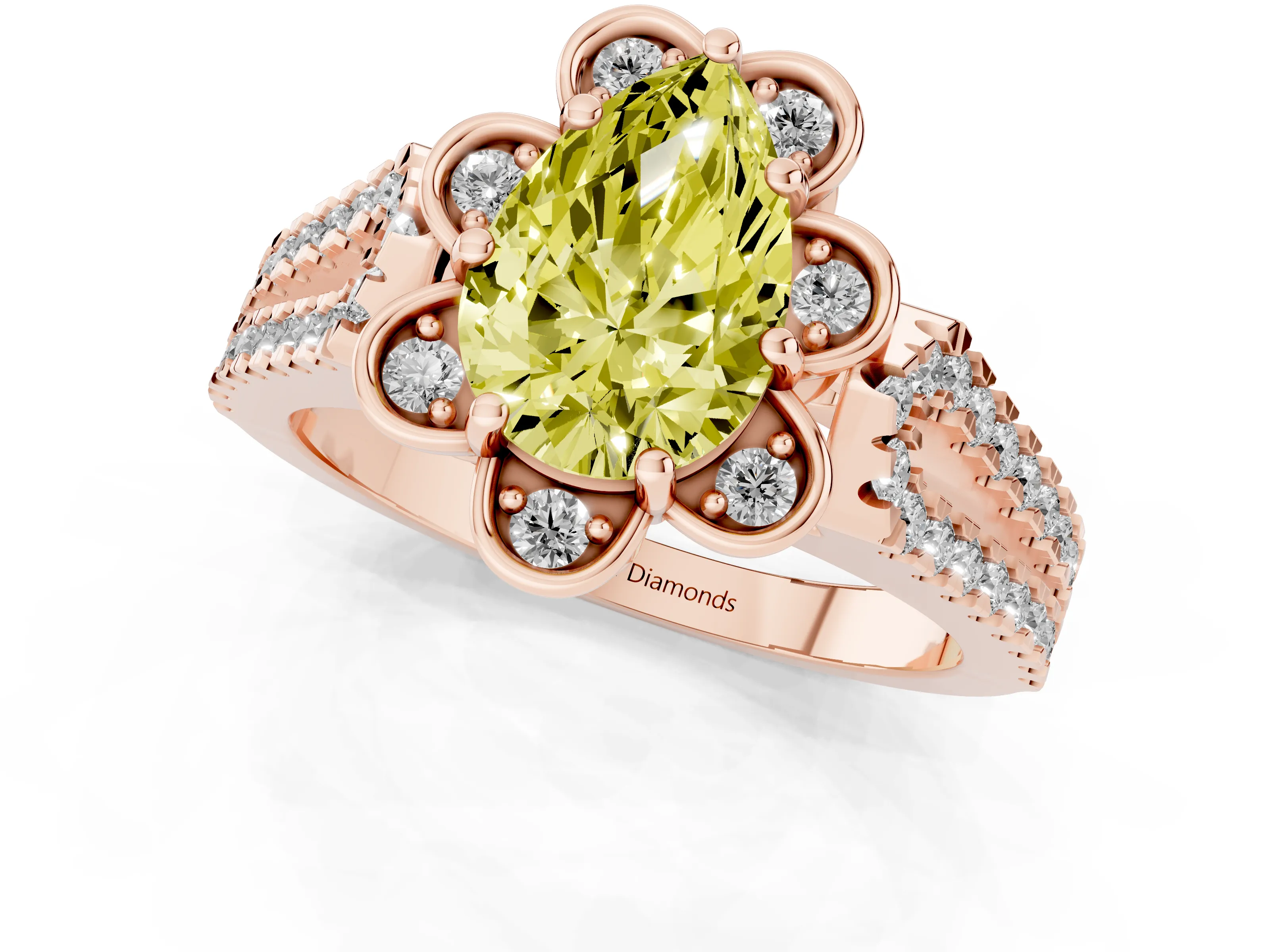 Fancy Yellow Pear Cut Diamond Floral Halo Split Shank Engagement Ring Set in Rose gold with Pavé Shank