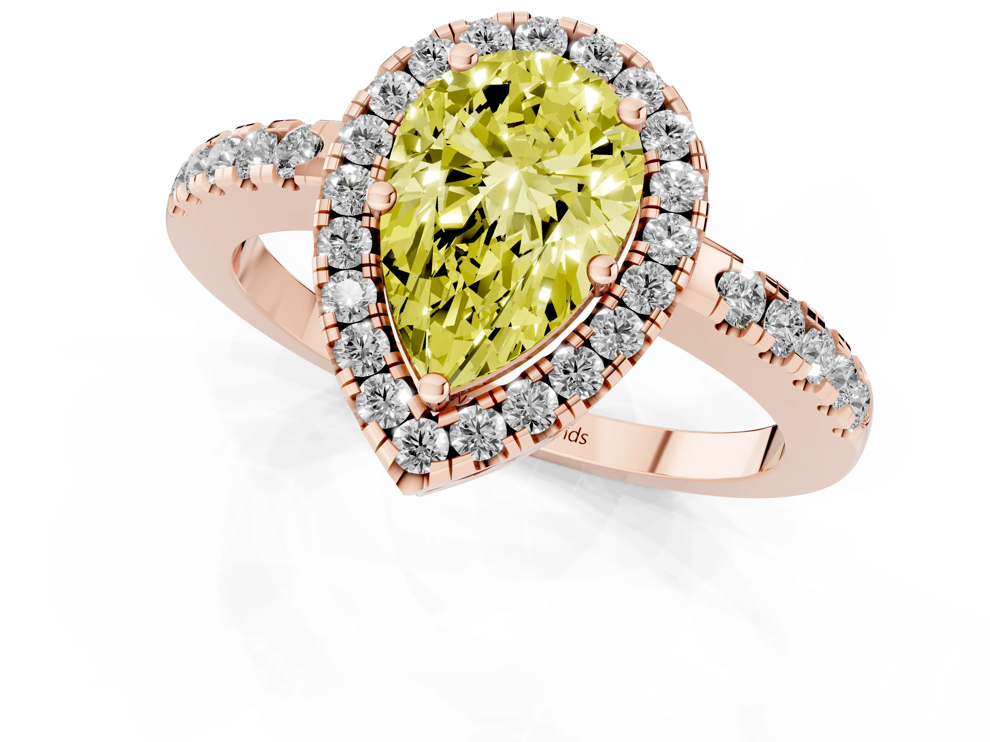 Fancy Yellow Pear Cut Diamond Pavé Band Halo Engagement Ring Set in Rose gold with Prong Setting