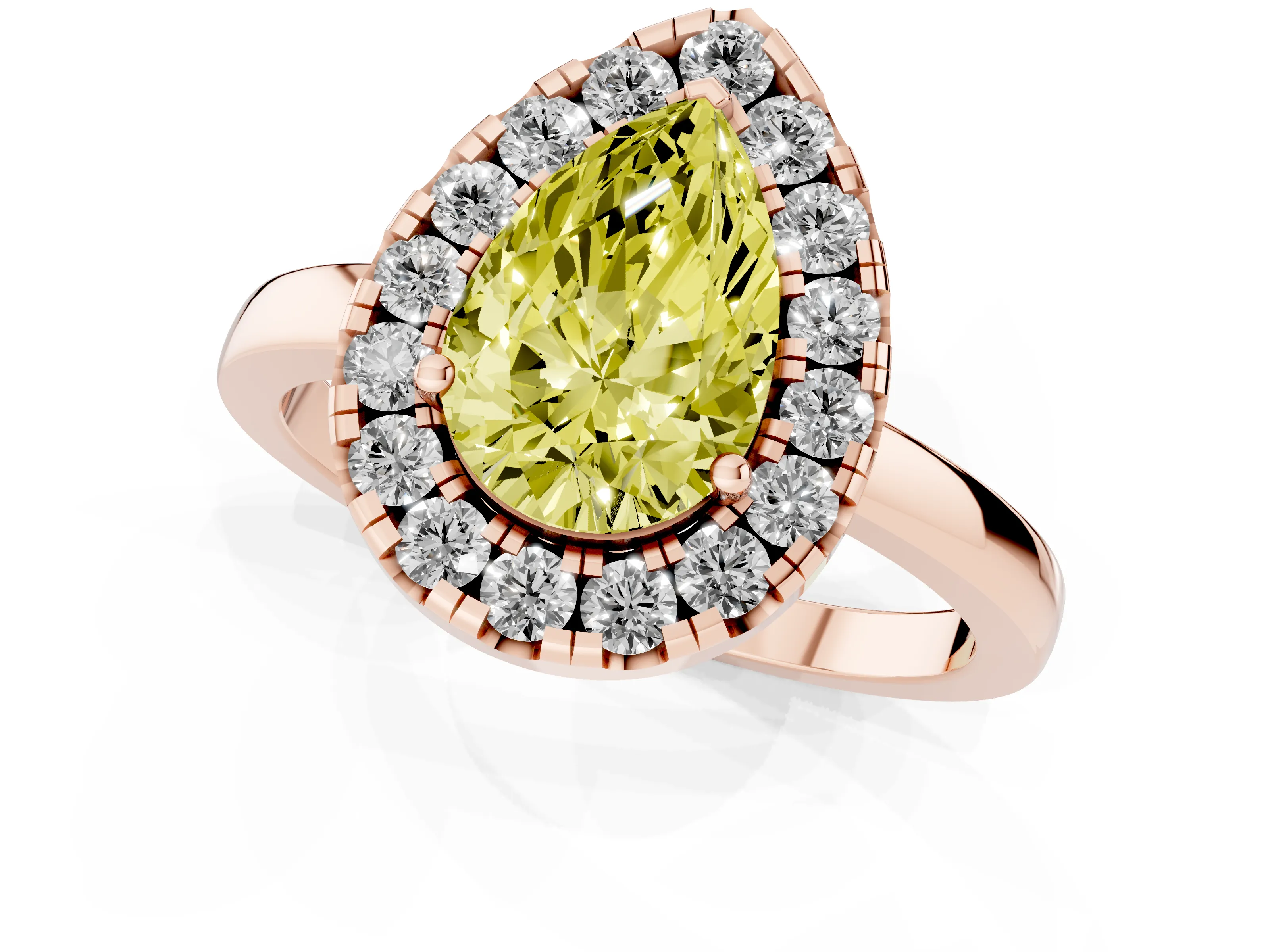 Fancy Yellow Pear Cut Diamond Halo Solitaire Ring Set in Rose gold with Pavé Band and Prong Setting