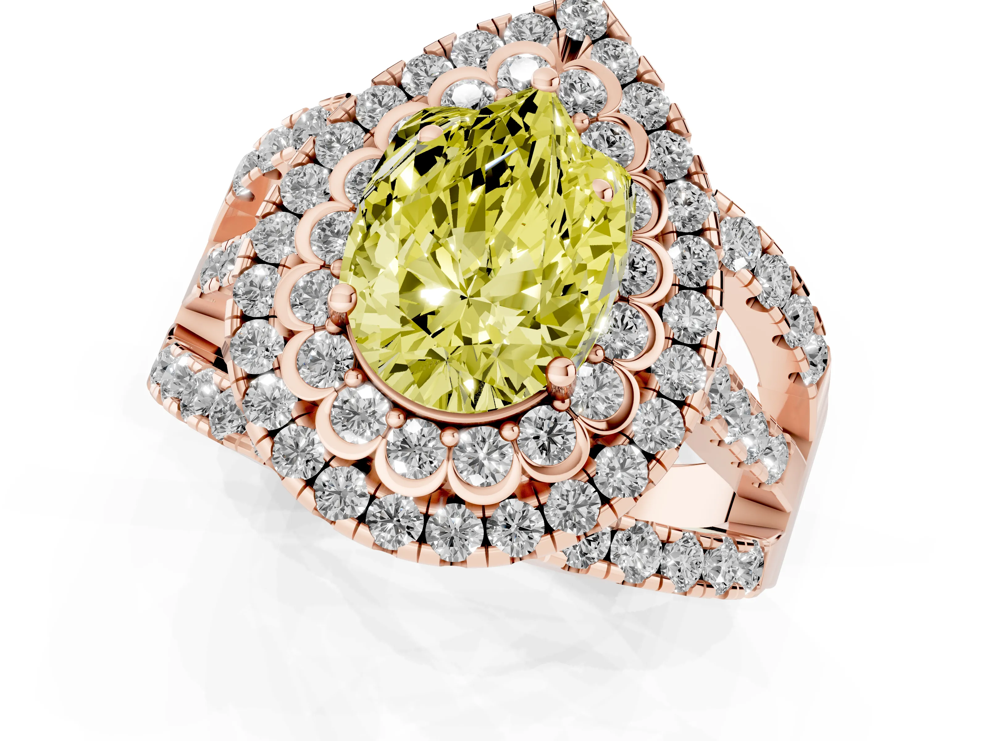 Fancy Yellow Pear Cut Diamond Double Halo Ring Set in Rose gold with Round Pavé Split Shank