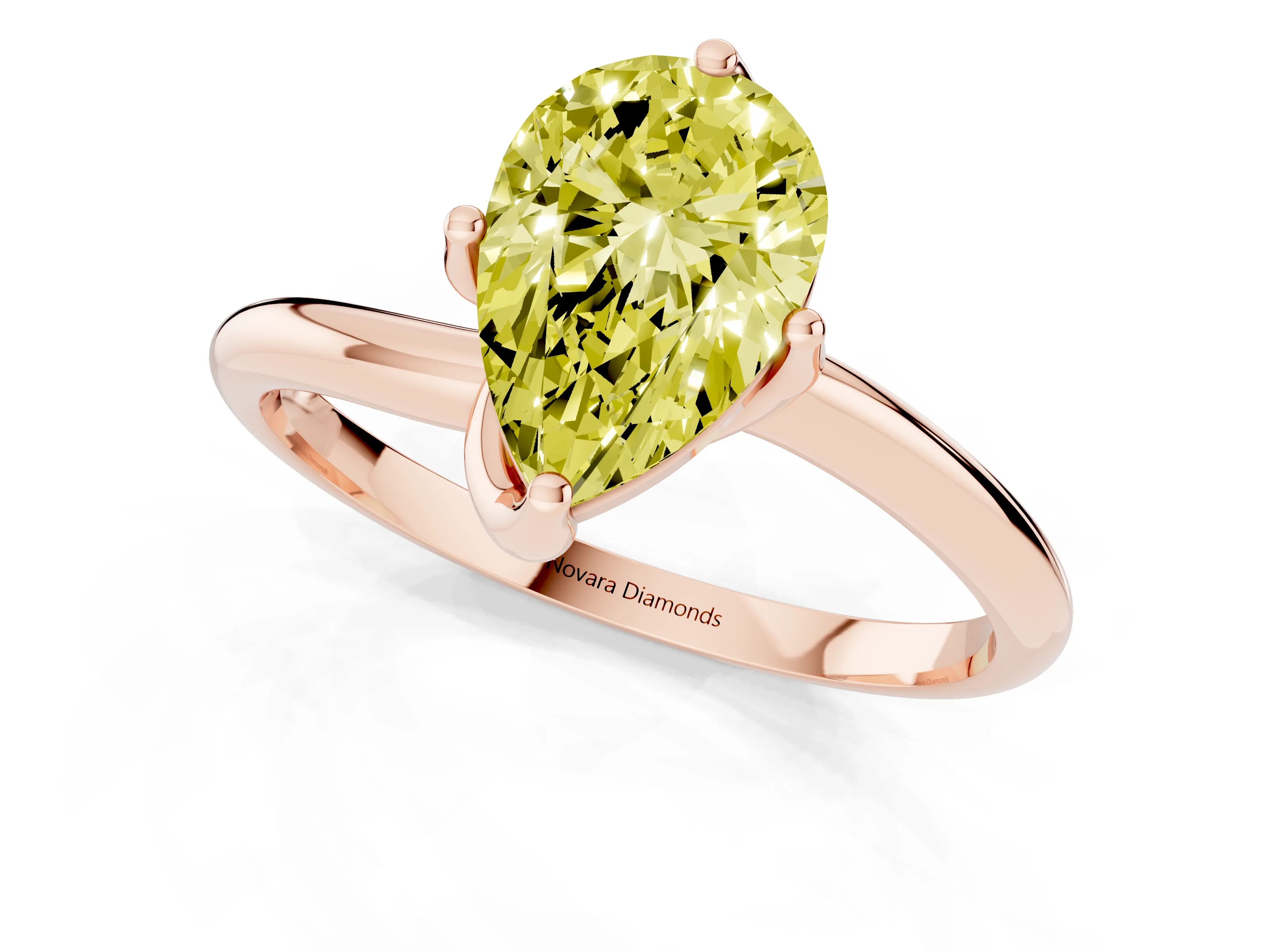 Fancy Yellow Pear Cut Diamond Solitaire Engagement Ring Set in Rose gold with Classic Plain Band