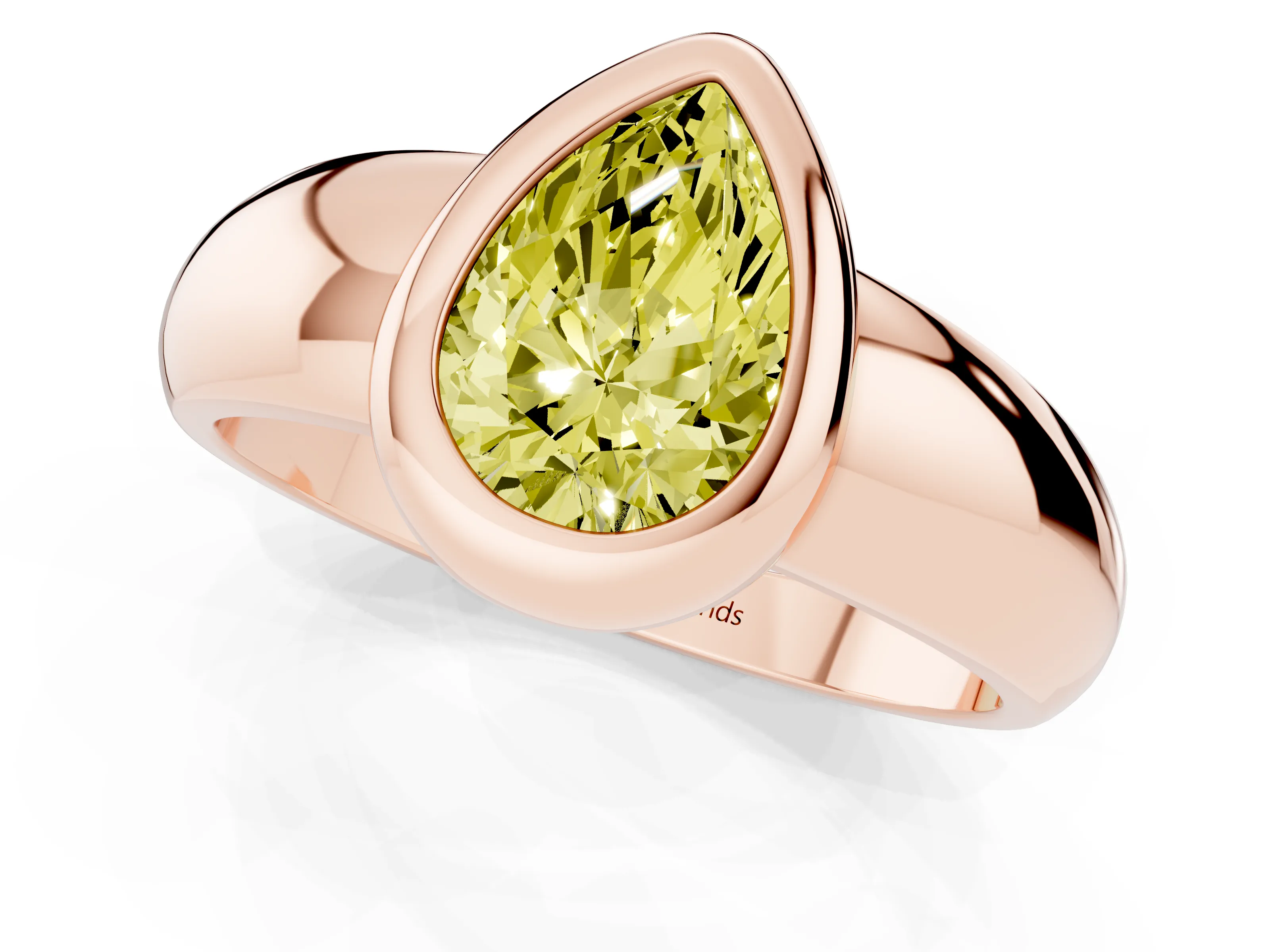 Fancy Yellow Bezel Set Pear Cut Diamond Solitaire Ring Set in Rose gold with Wide Band
