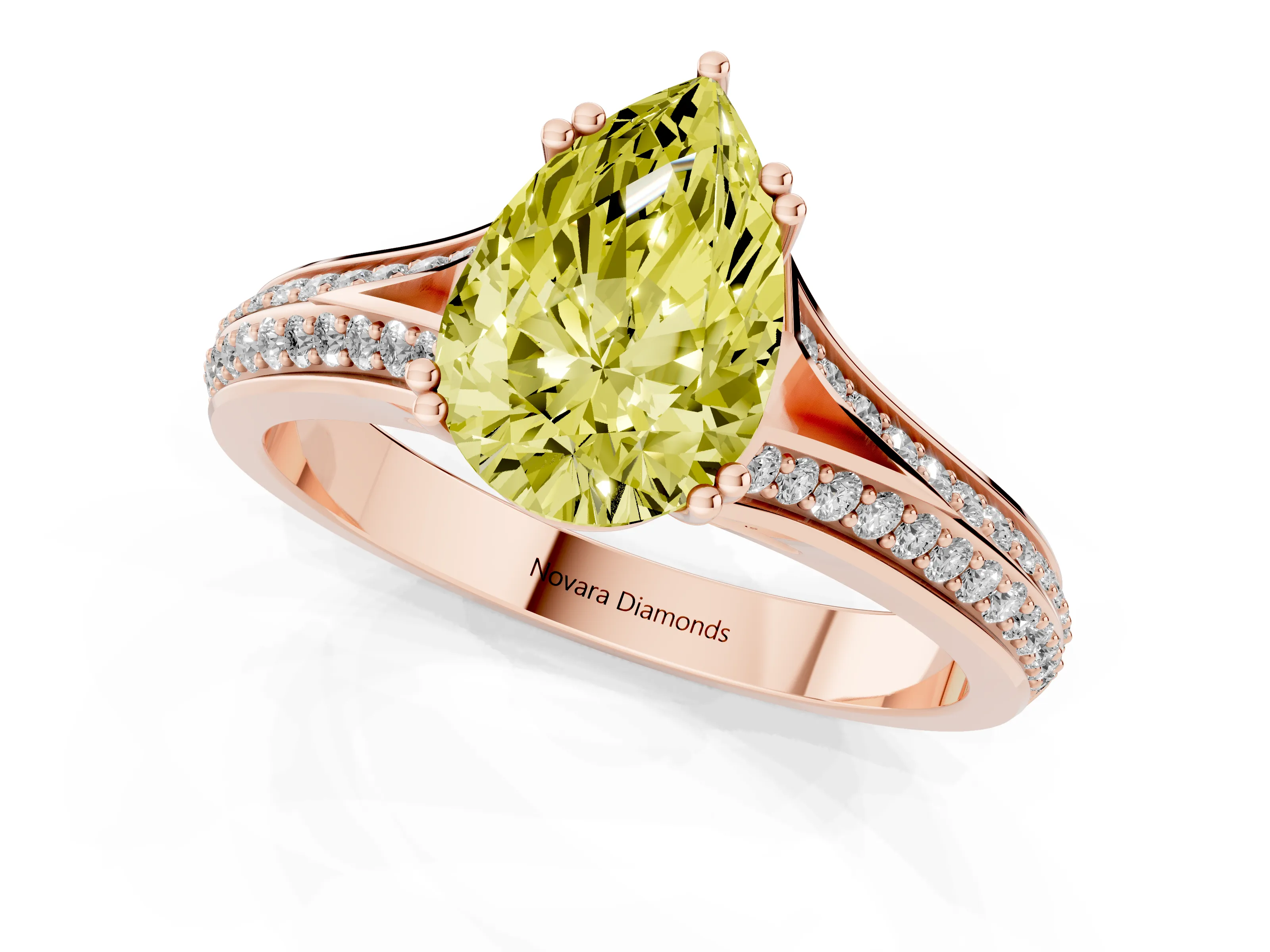 Fancy Yellow Pear Cut Diamond Split Shank Pavé Engagement Ring Set in Rose gold with Prong-Set Center Stone