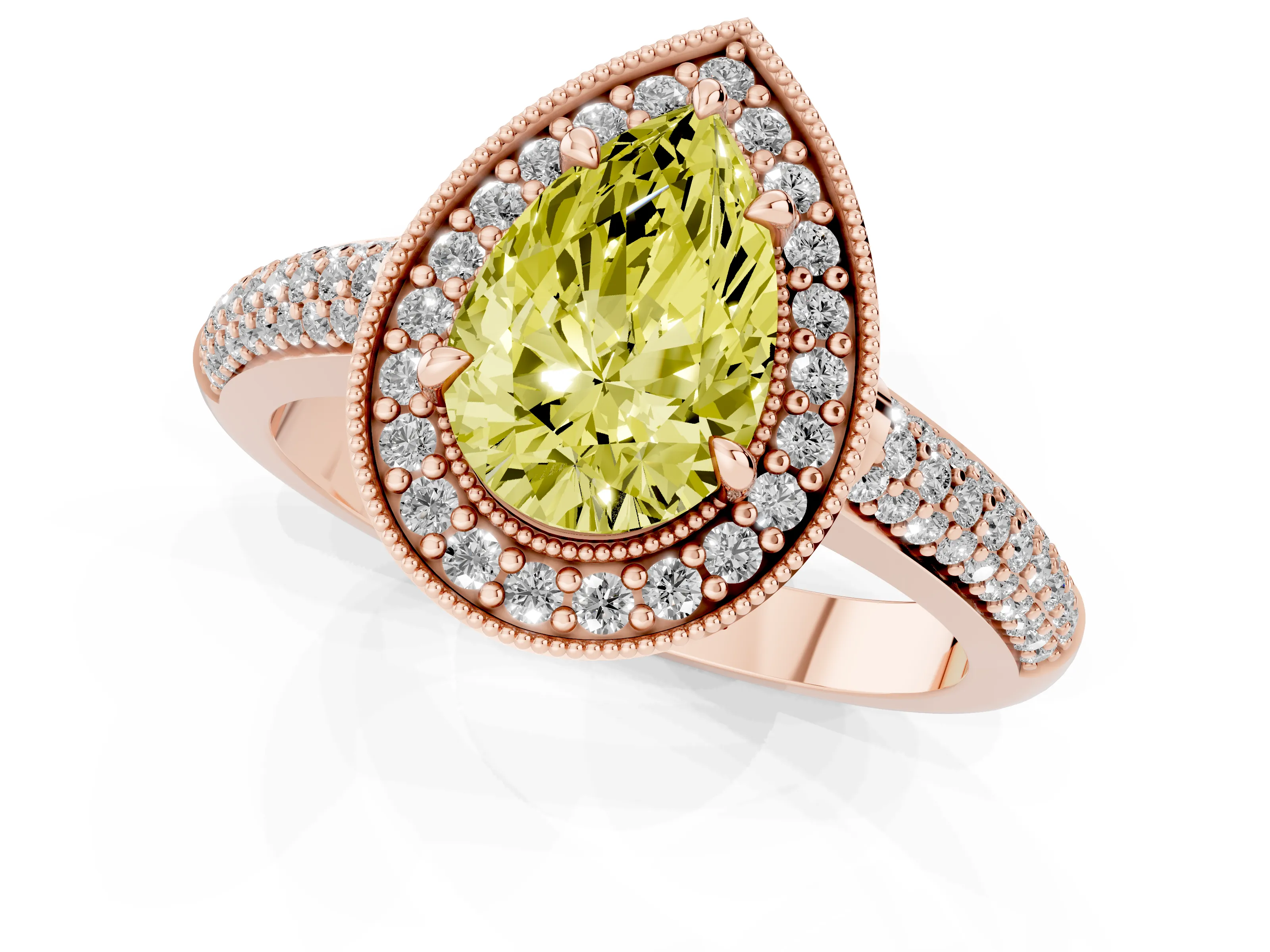 Fancy Yellow Pear Cut Diamond Halo Pavé Band Set in Rose gold with Prong Setting