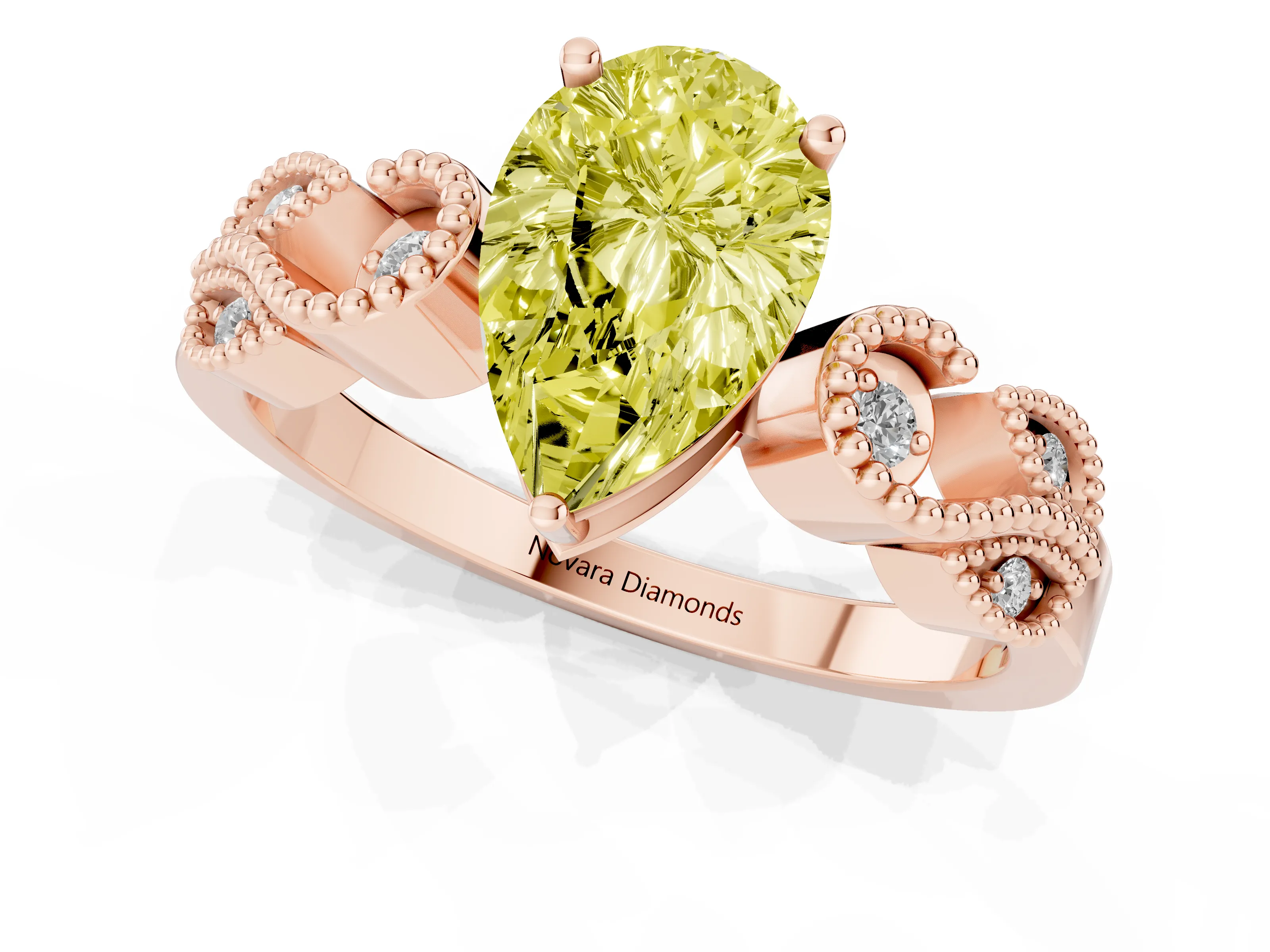 Fancy Yellow Pear Cut Diamond Milgrain Leaf Band Solitaire Ring Set in Rose gold with Accent Stones and Prong Setting