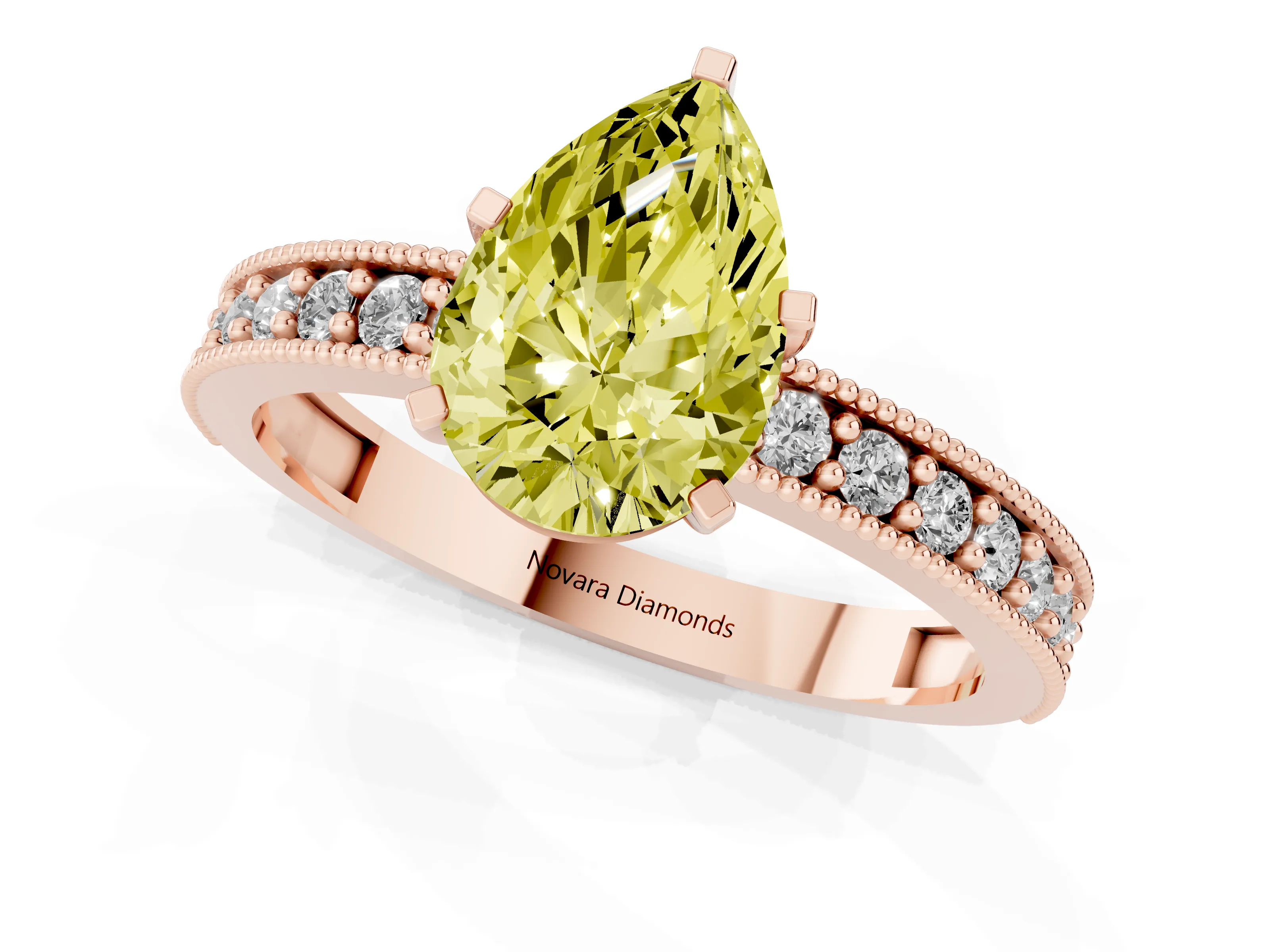 Fancy Yellow Pear Cut Diamond Milgrain Pavé Engagement Ring Set in Rose gold with Prong Setting