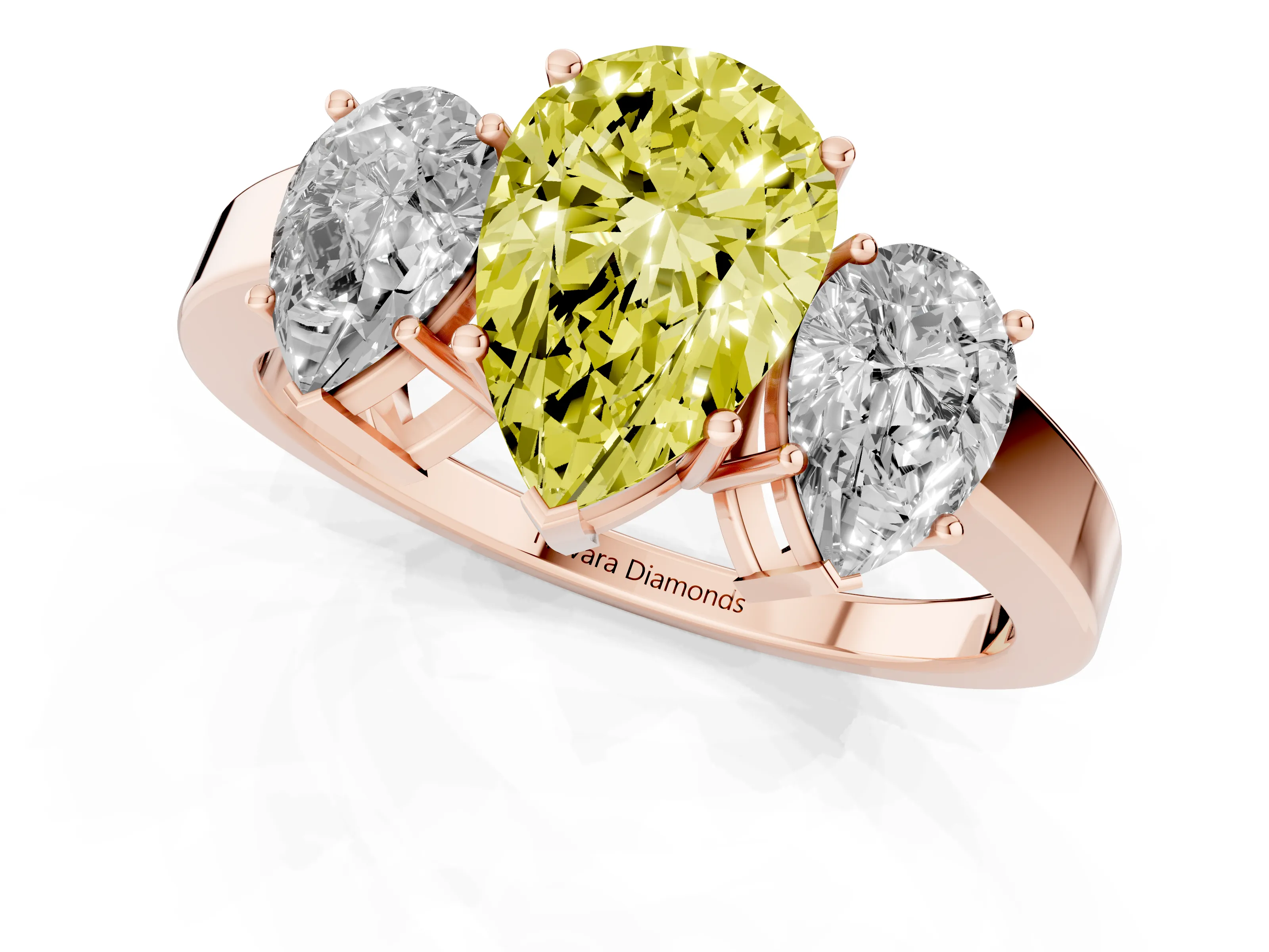 Fancy Yellow Pear Cut Diamond Three-Stone Engagement Ring Set in Rose gold with Flat Band