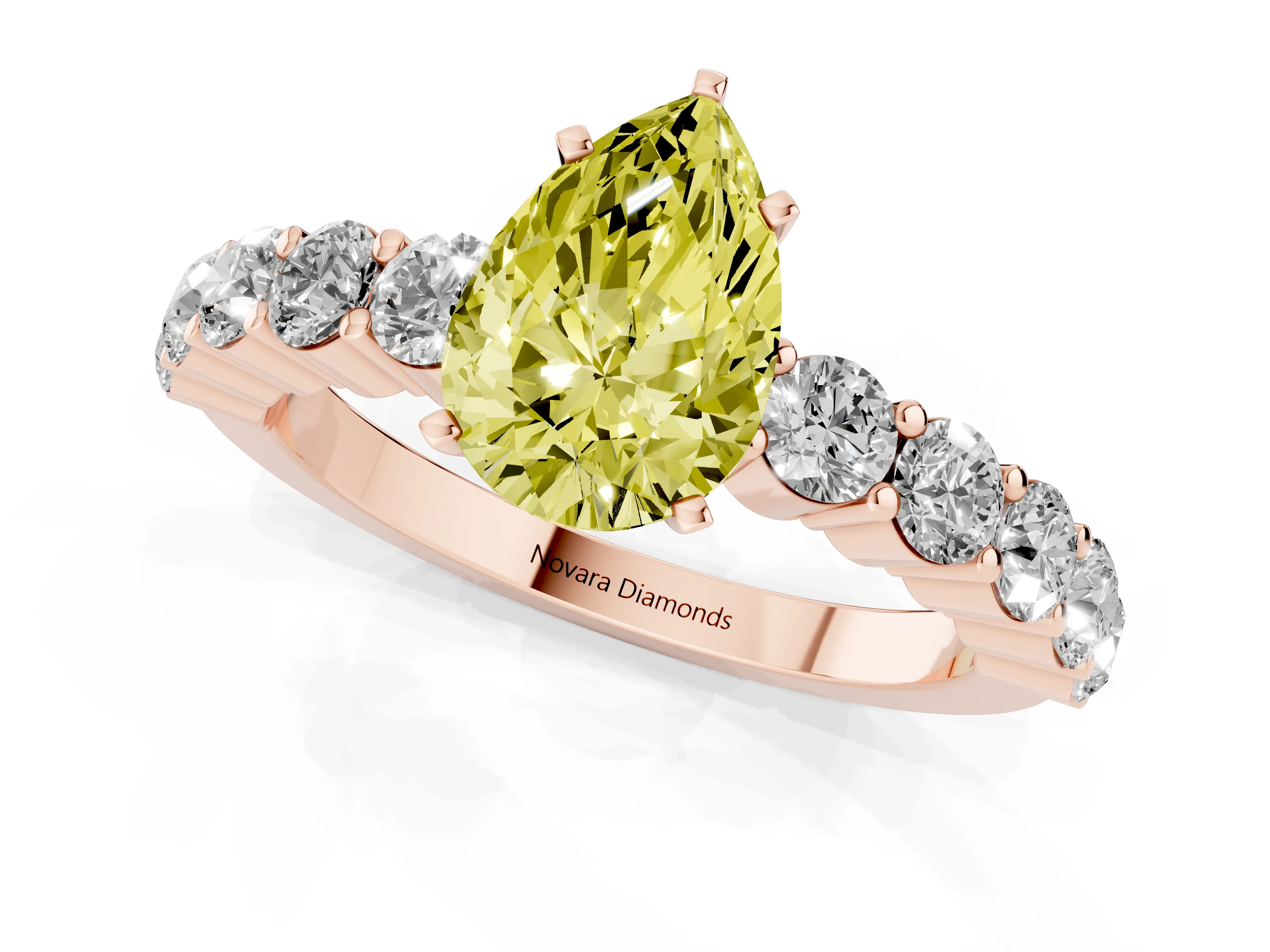 Fancy Yellow Pear Cut Diamond Solitaire Ring Set in Rose gold with Shared Prong Round Side Stones