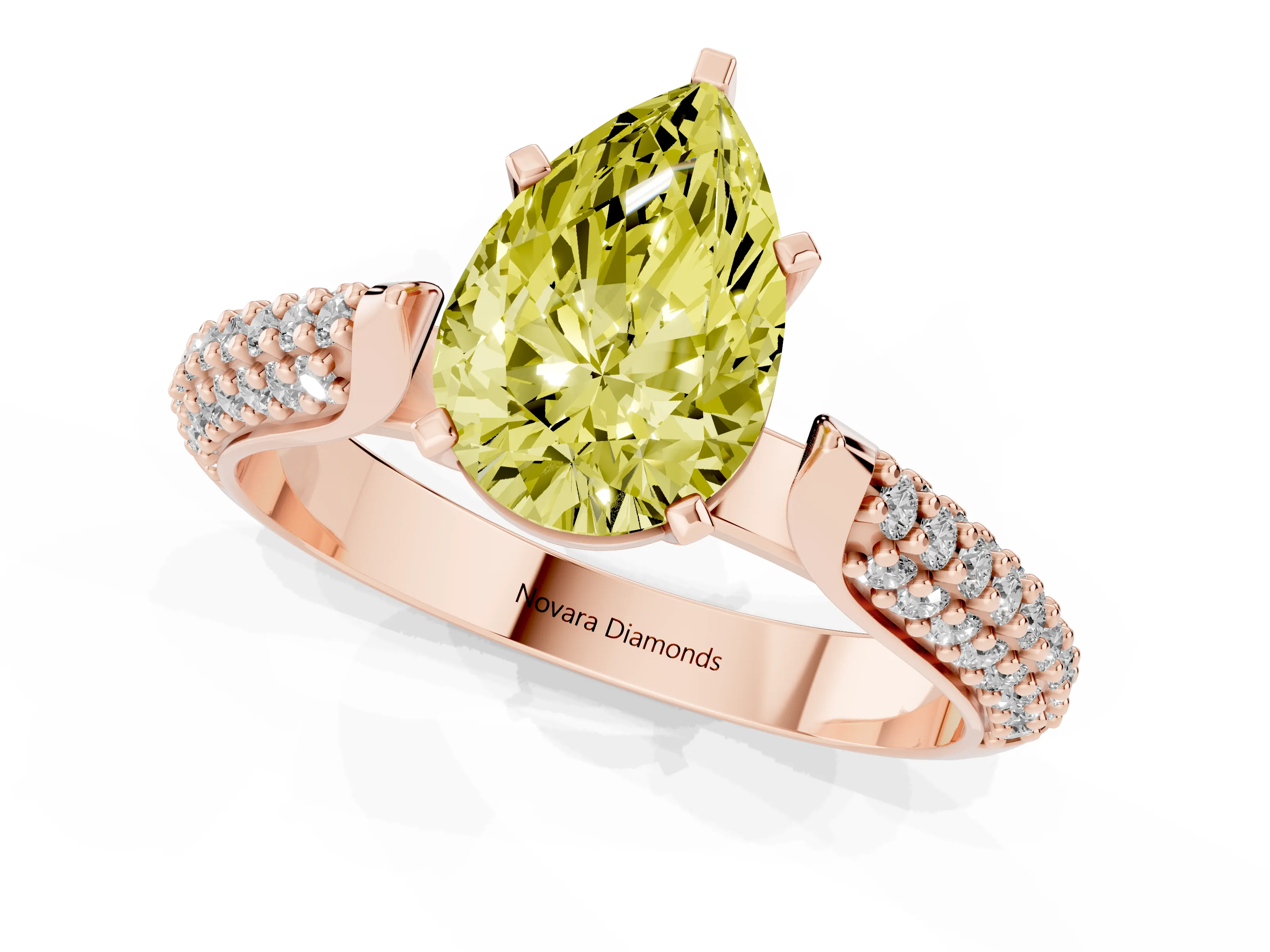 Fancy Yellow Pear Cut Diamond Solitaire Engagement Ring Set in Rose gold with Multi-Row Round Pavé Band and Prong Setting