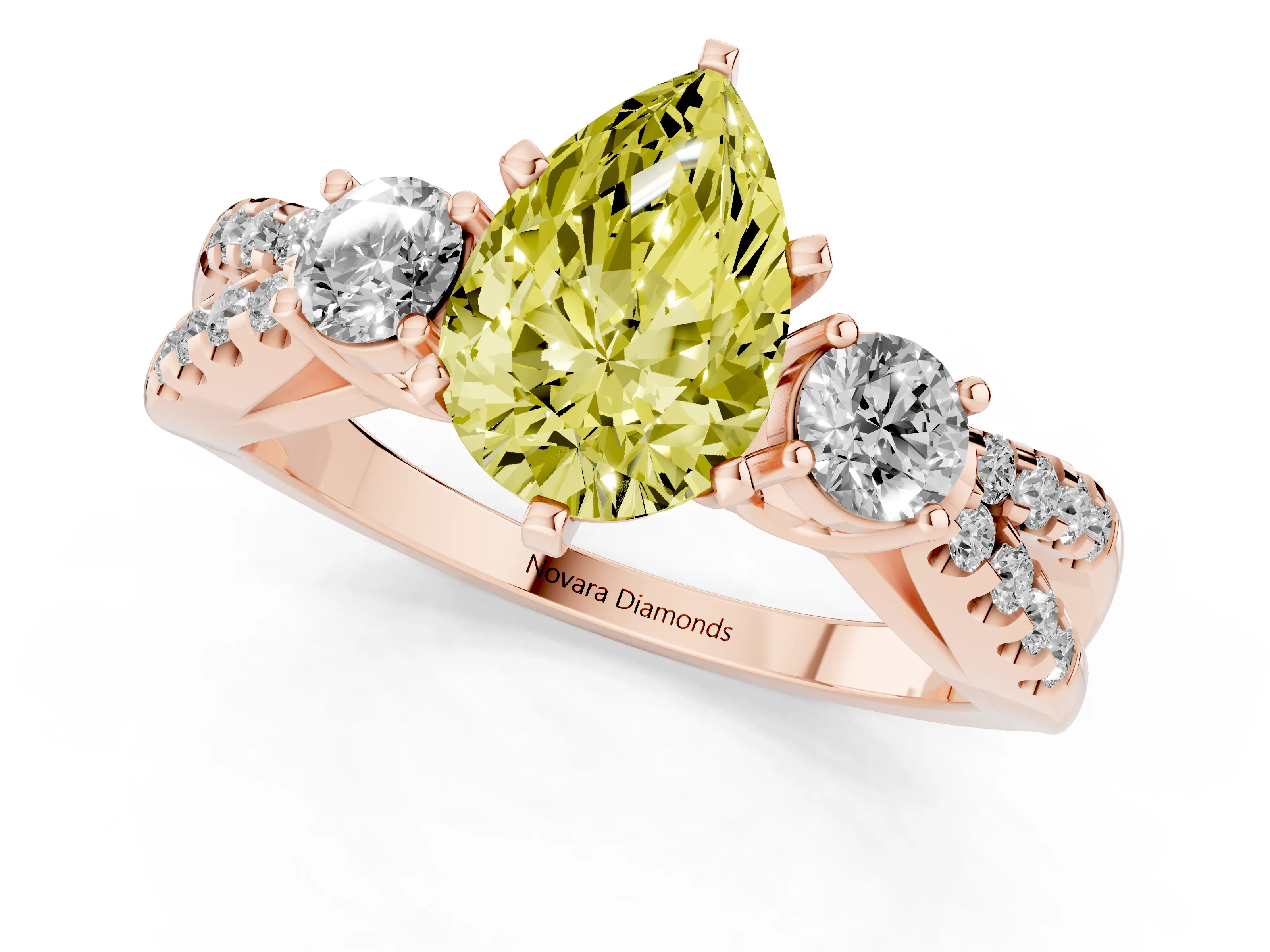 Fancy Yellow Pear Cut Diamond Three-Stone Ring Set in Rose gold with Pavé Split Shank and Prong Setting