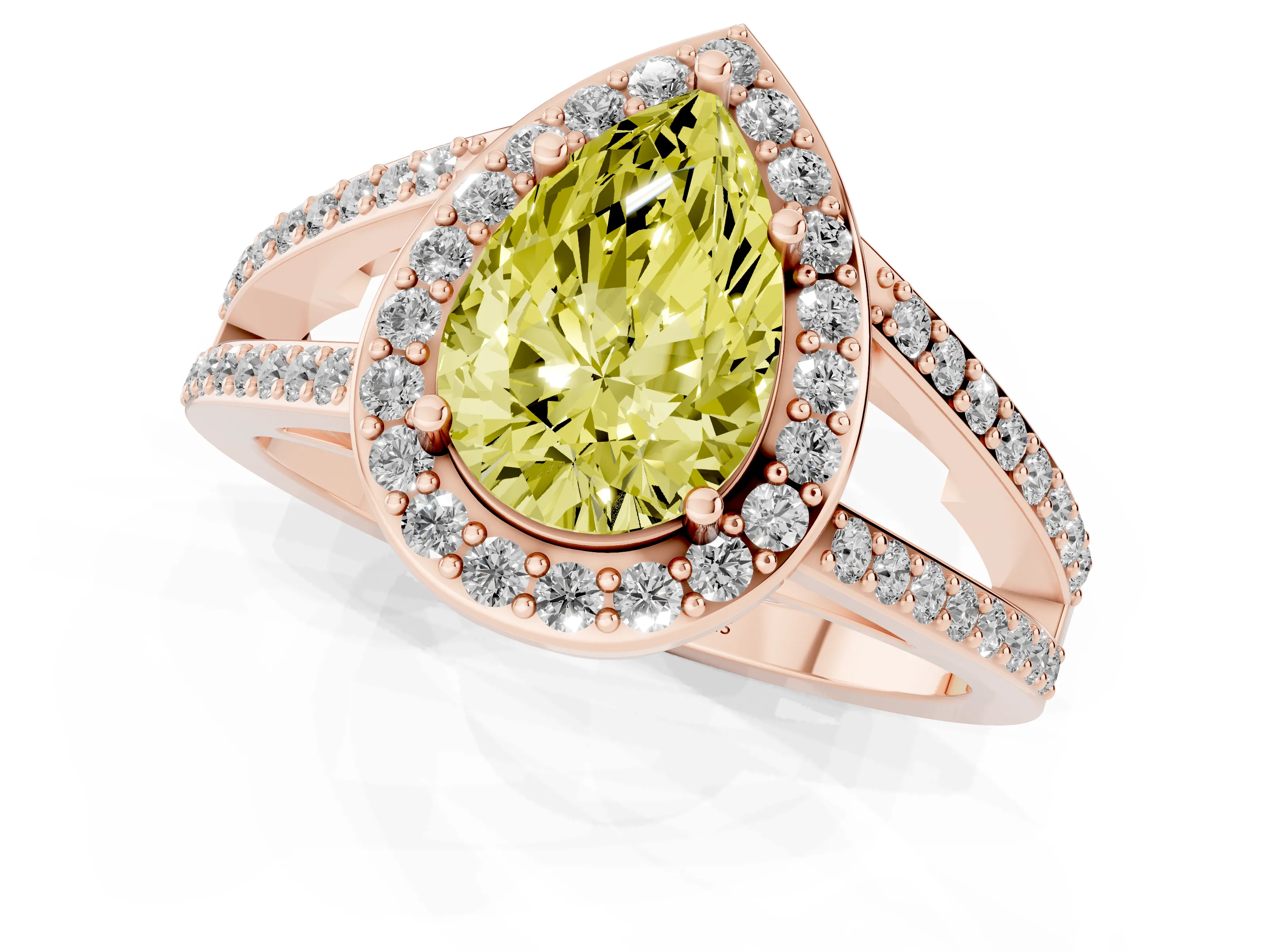 Fancy Yellow Pear Cut Diamond Halo Ring Set in Rose gold with U-Prong Split Shank and Prong Setting