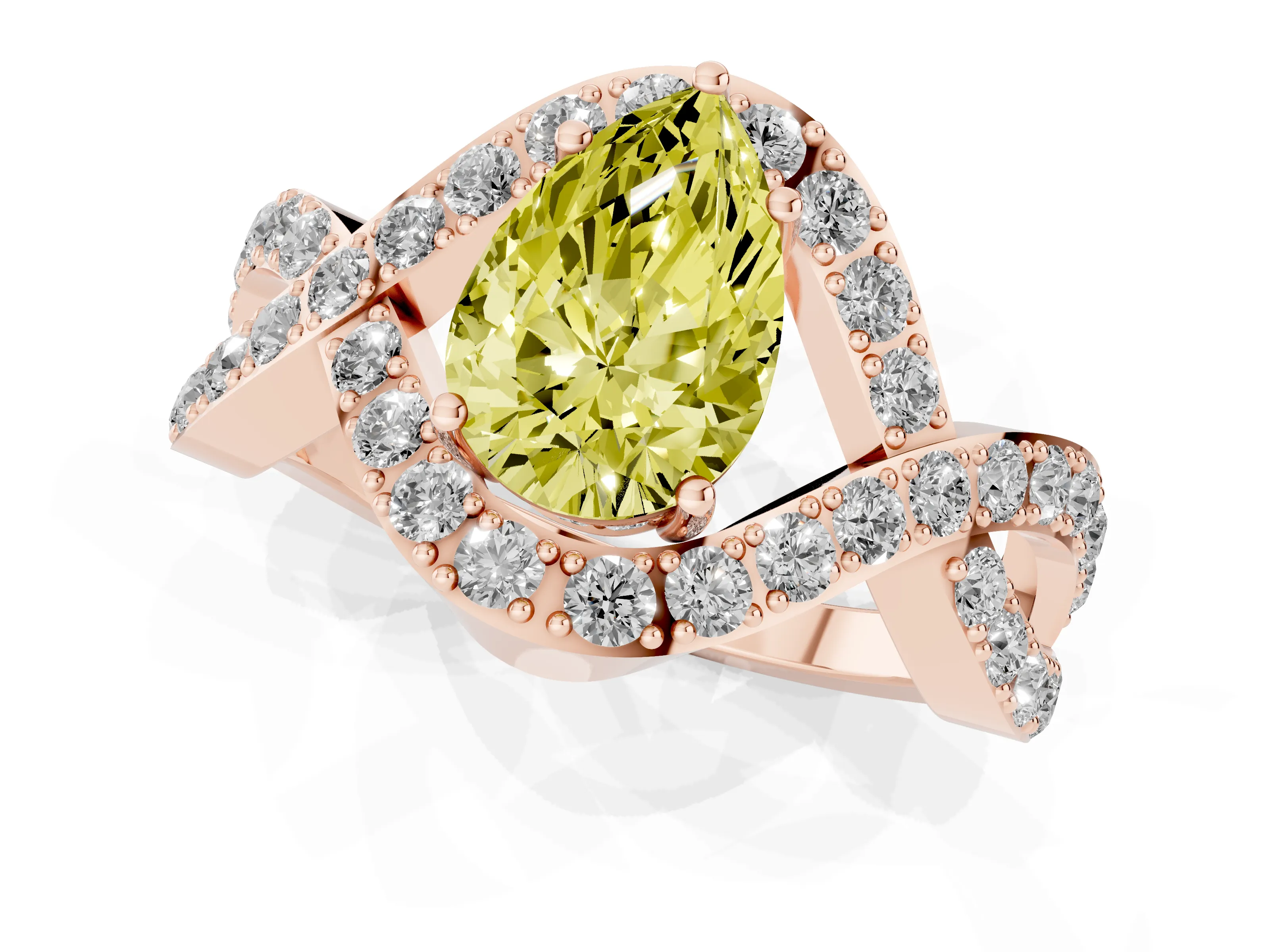 Fancy Yellow Pear Cut Diamond Solitaire Twist Band Pavé Engagement Ring Set in Rose gold