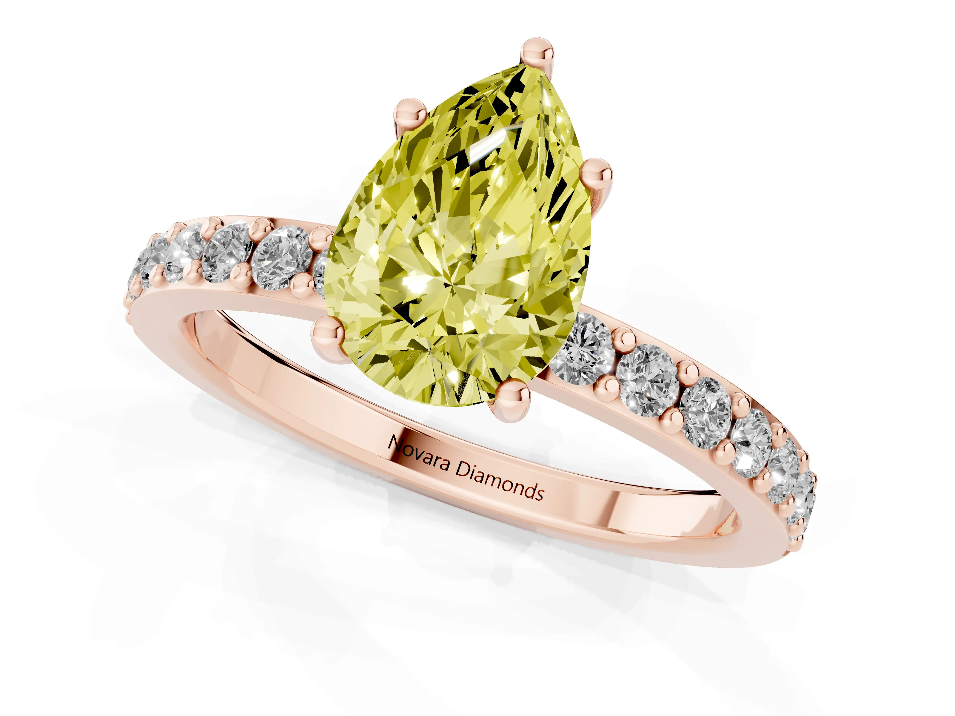 Fancy Yellow Pear Cut Diamond Solitaire Set in Rose gold with Round Pavé Band and Prong Setting