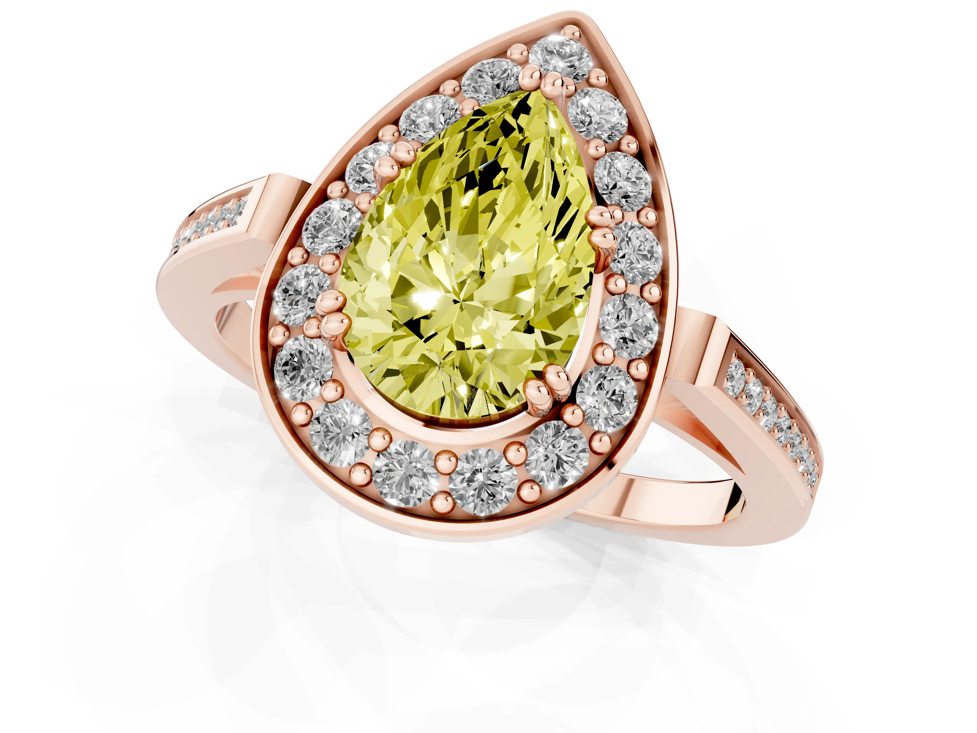 Fancy Yellow Pear Cut Diamond Halo Ring Set in Rose gold with Accent-Lined Split Shank and Prong Setting