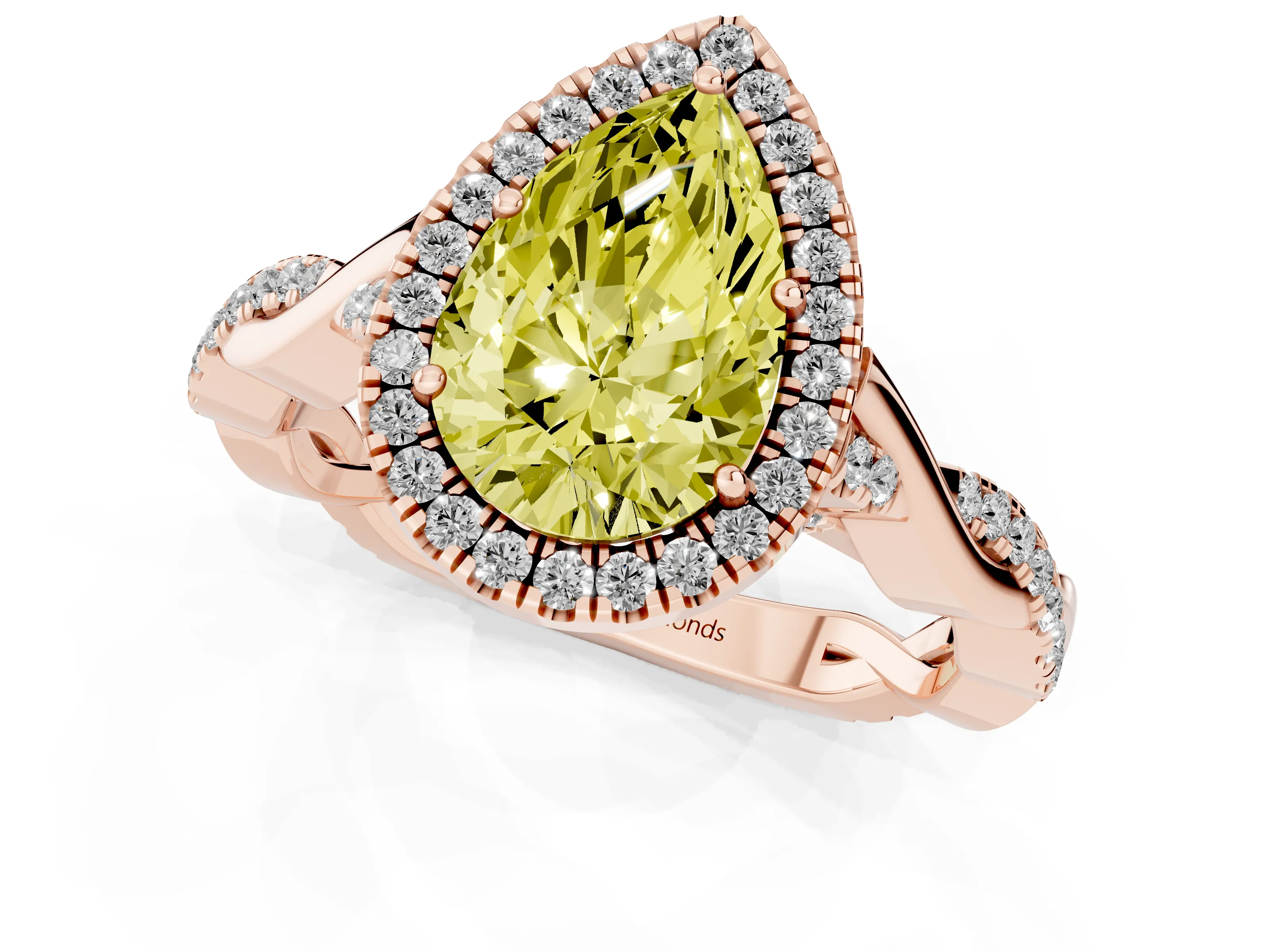 Fancy Yellow Pear Cut Diamond Halo Twist Band Solitaire Ring Set in Rose gold with Prong Setting