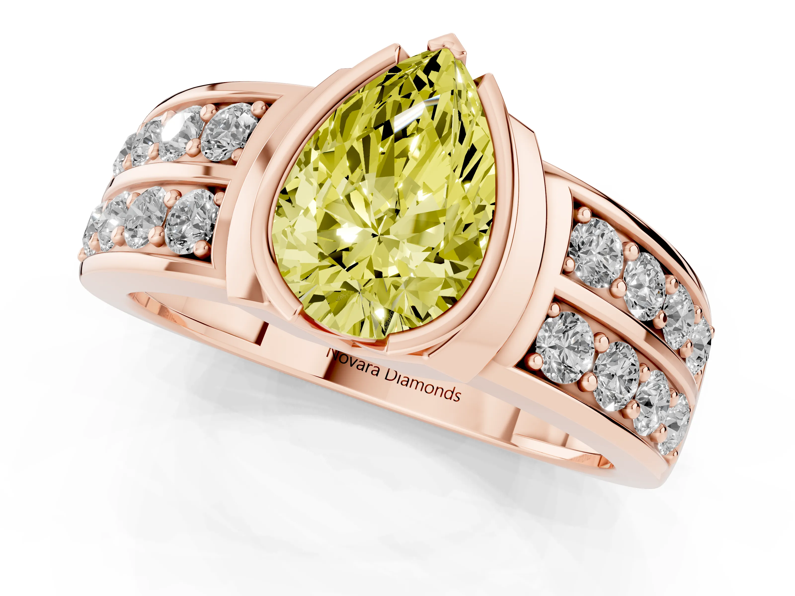 Fancy Yellow Pear Cut Diamond Wide Channel Set Band Ring Set in Rose gold with Bezel Setting