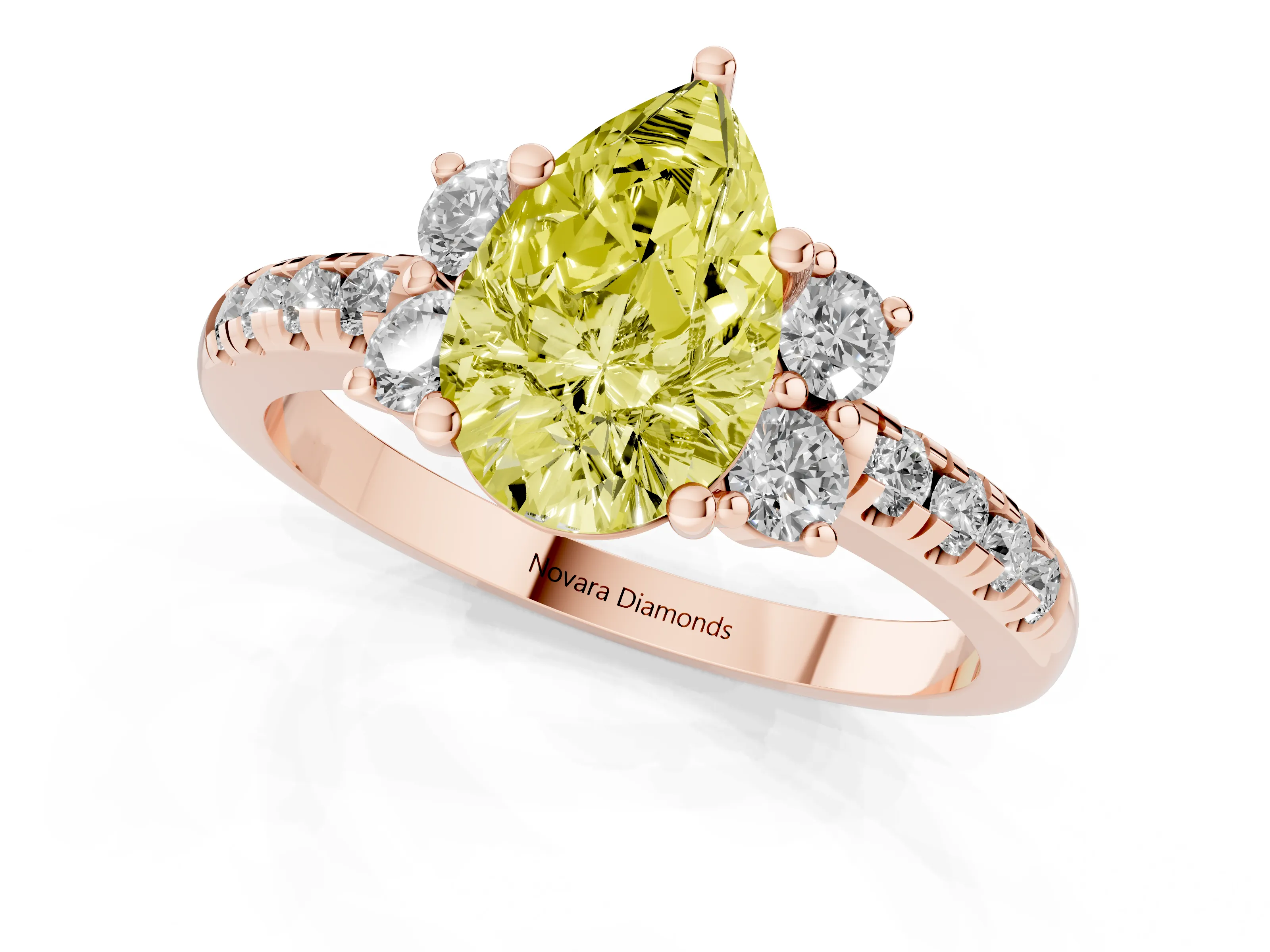 Fancy Yellow Pear Cut Diamond Three-Stone Pavé Ring Set in Rose gold with Prong Setting