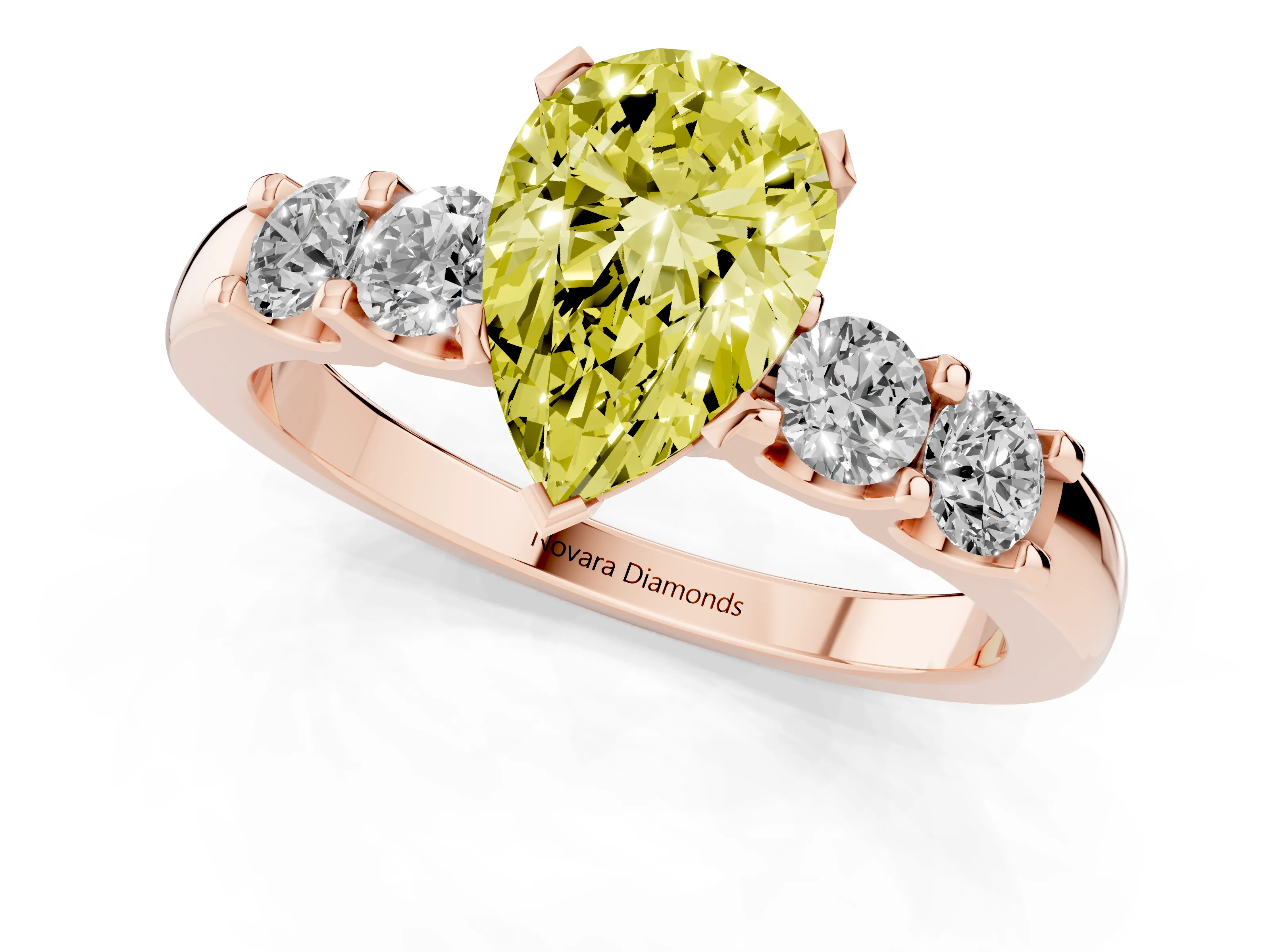Fancy Yellow Pear Cut Diamond Five-Stone Prong Set Engagement Ring Set in Rose gold with Channel Band