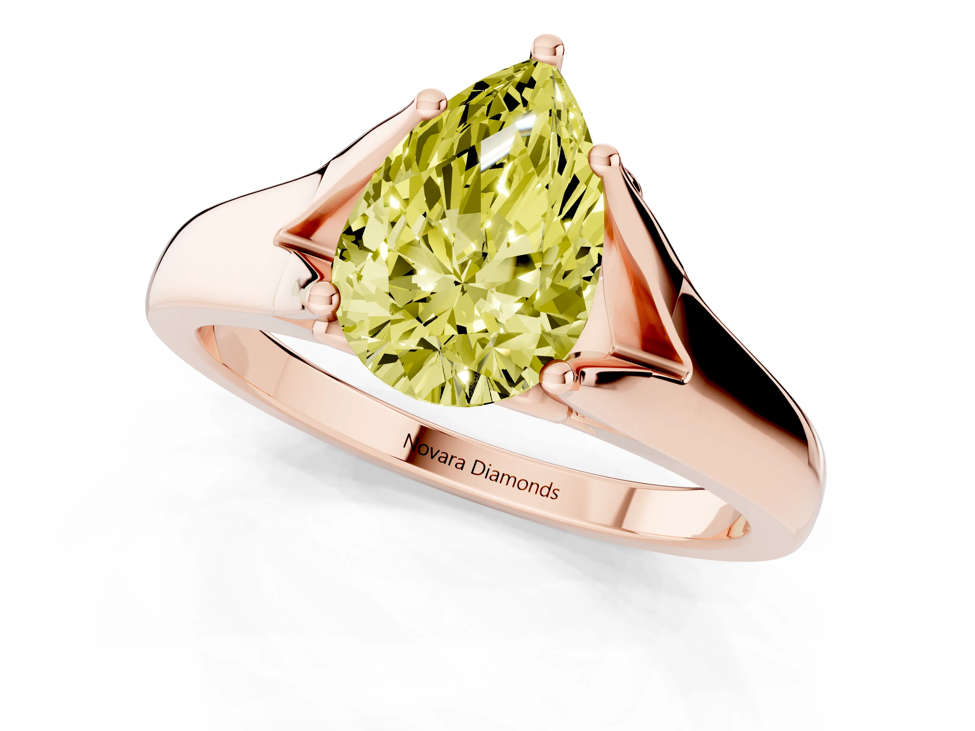 Fancy Yellow Pear Cut Diamond Solitaire Ring Set in Rose gold with Arched Cathedral Band and Prong Setting