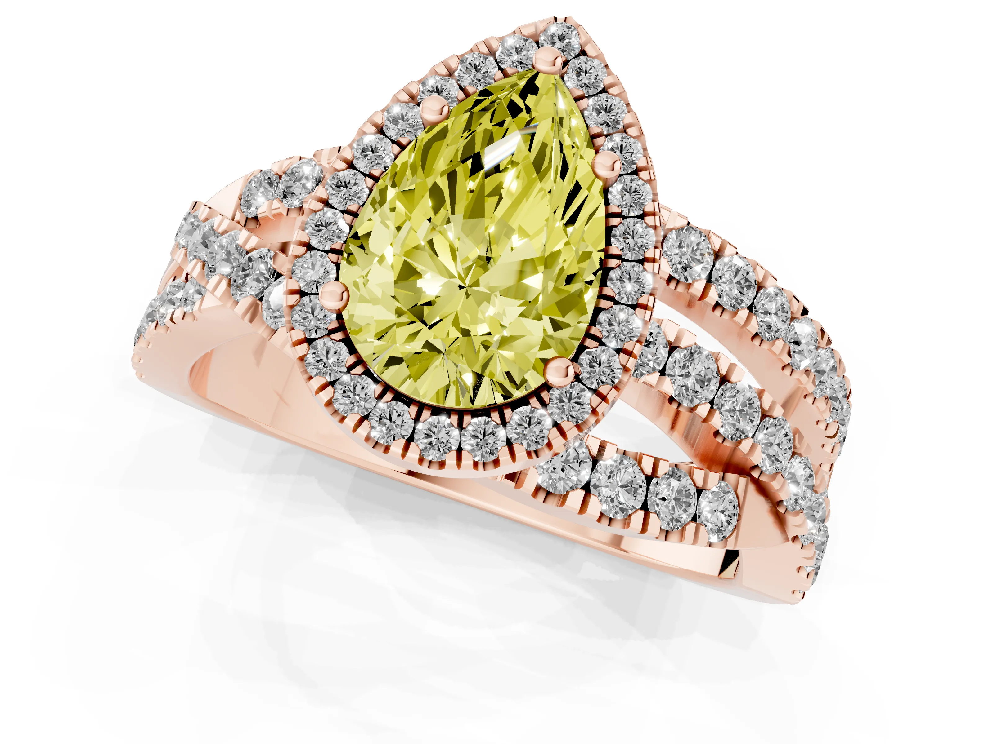Fancy Yellow Pear Cut Diamond Halo Ring Set in Rose gold with Round Crossover Split Shank and Prong Setting