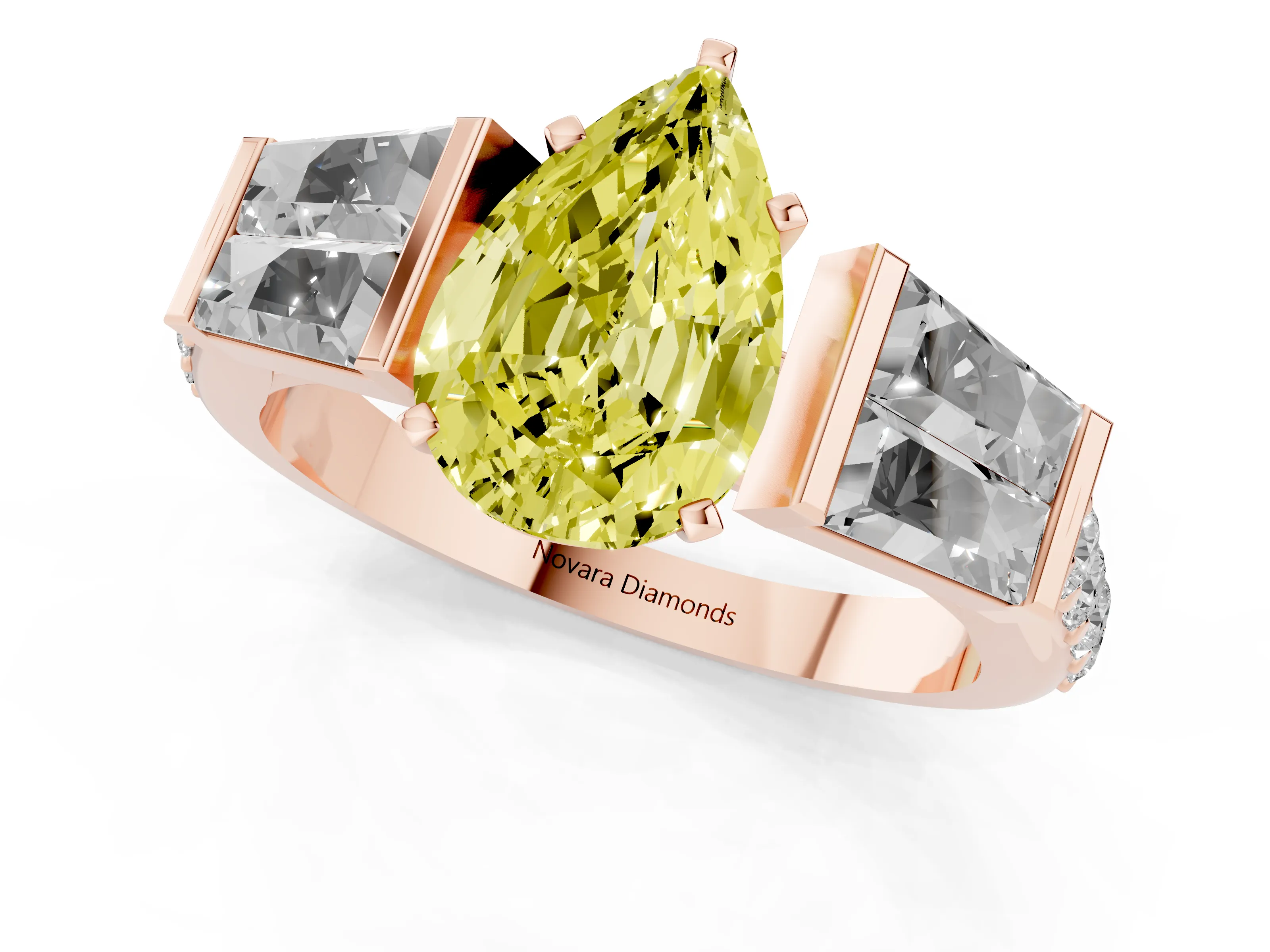 Fancy Yellow Pear Cut Diamond Engagement Ring Set in Rose gold with Baguette Side Stones and Channel Set Band