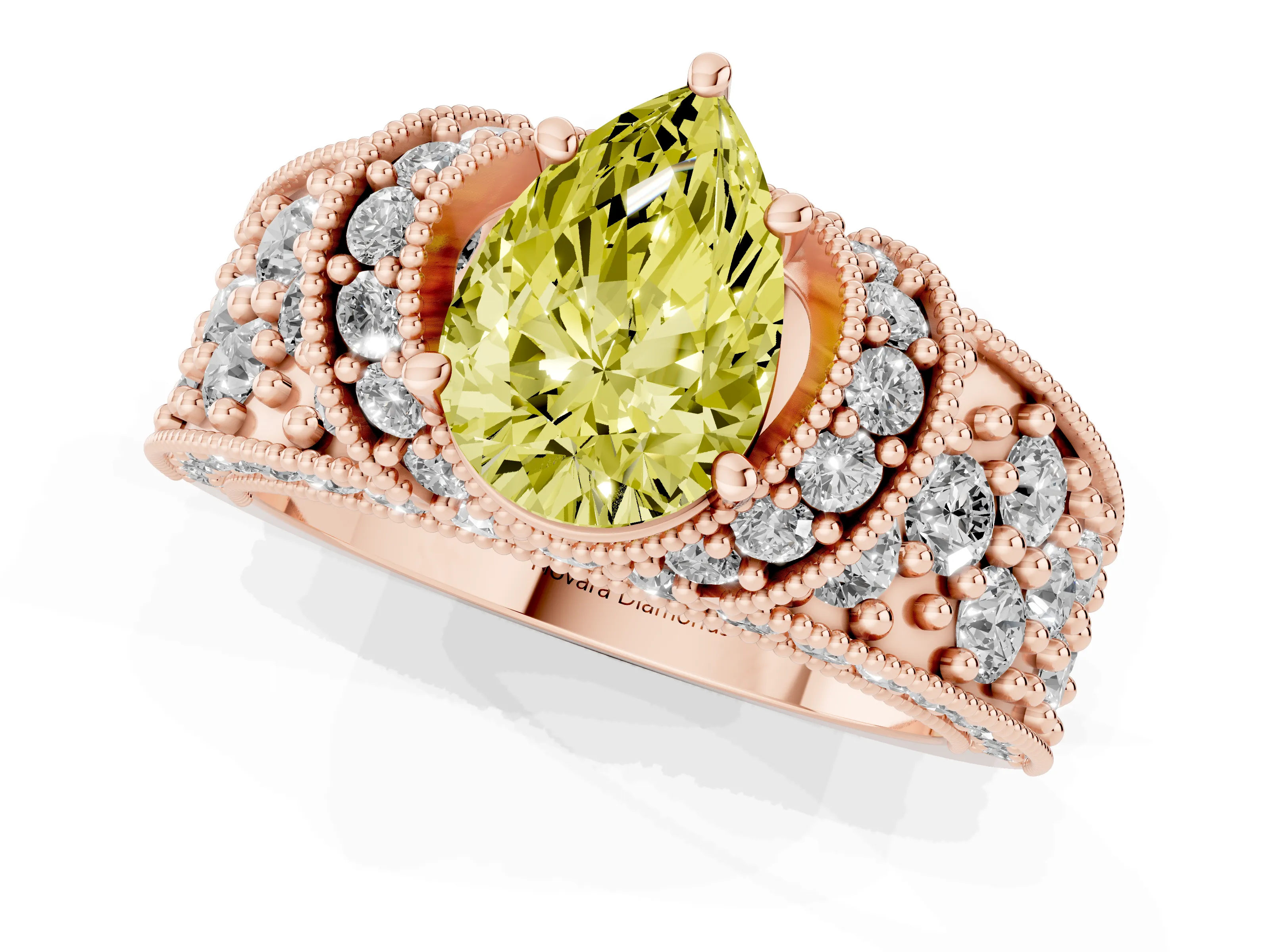 Fancy Yellow Pear Cut Diamond Milgrain Halo Pavé Engagement Ring Set in Rose gold with Prong Setting