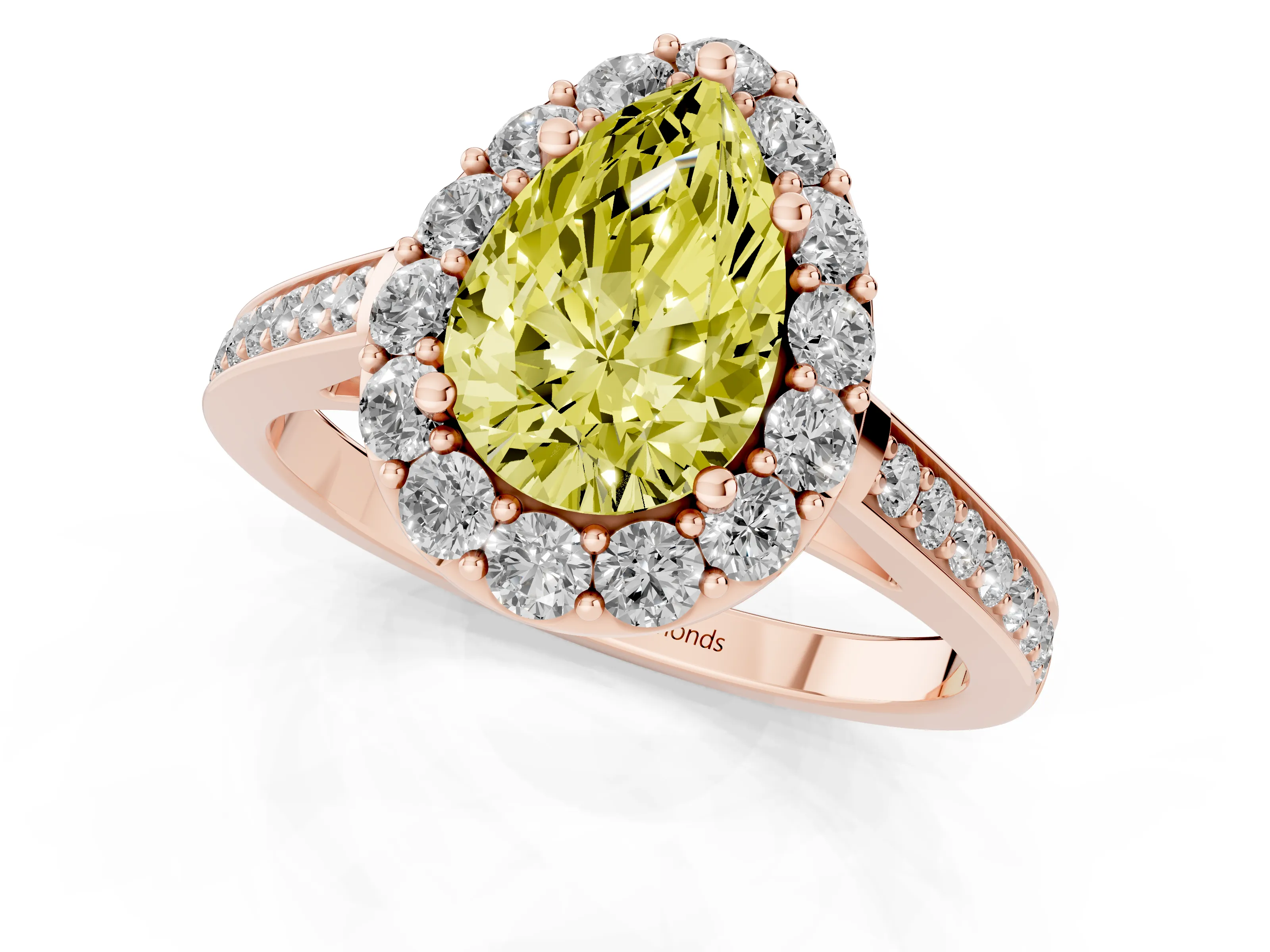 Fancy Yellow Pear Cut Diamond Floral Halo Ring Set in Rose gold with Pavé Band and Prong Setting
