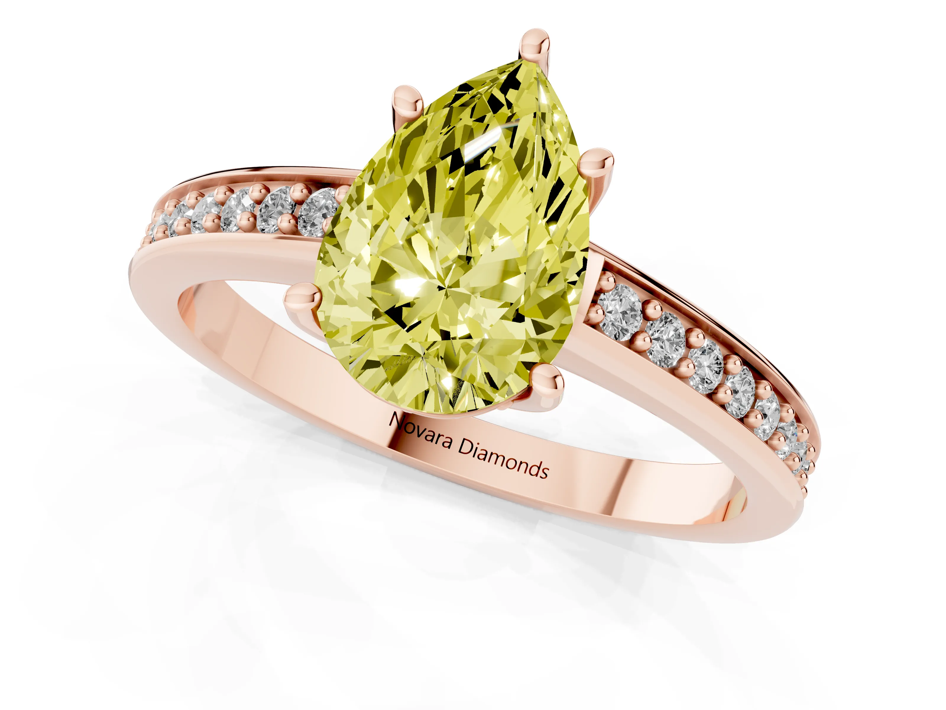 Fancy Yellow Pear Cut Diamond Pavé Band Prong Set Solitaire Ring Set in Rose gold